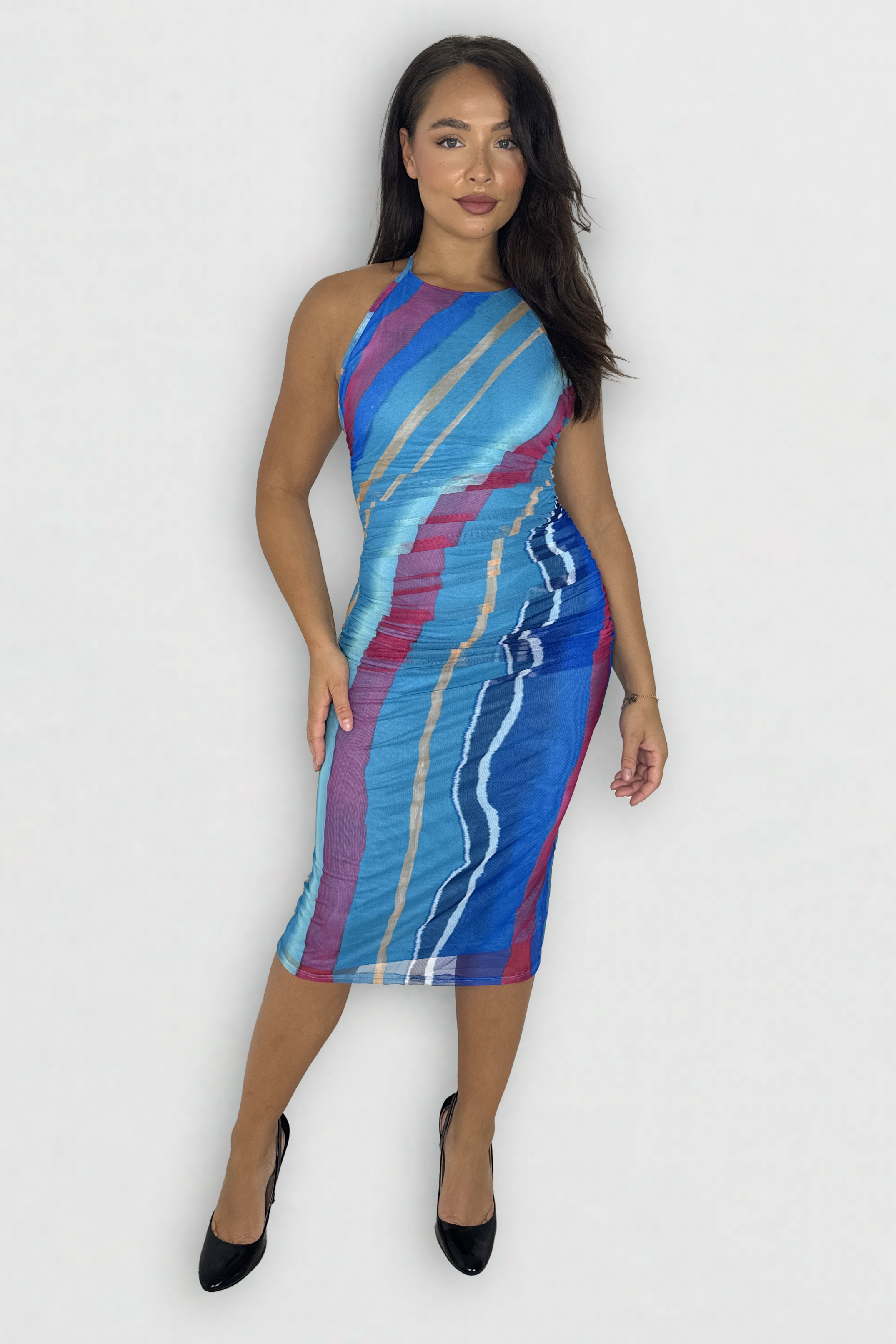 Halter Neck Multicolour Tie Dye Midi Bodycon Mesh Dress