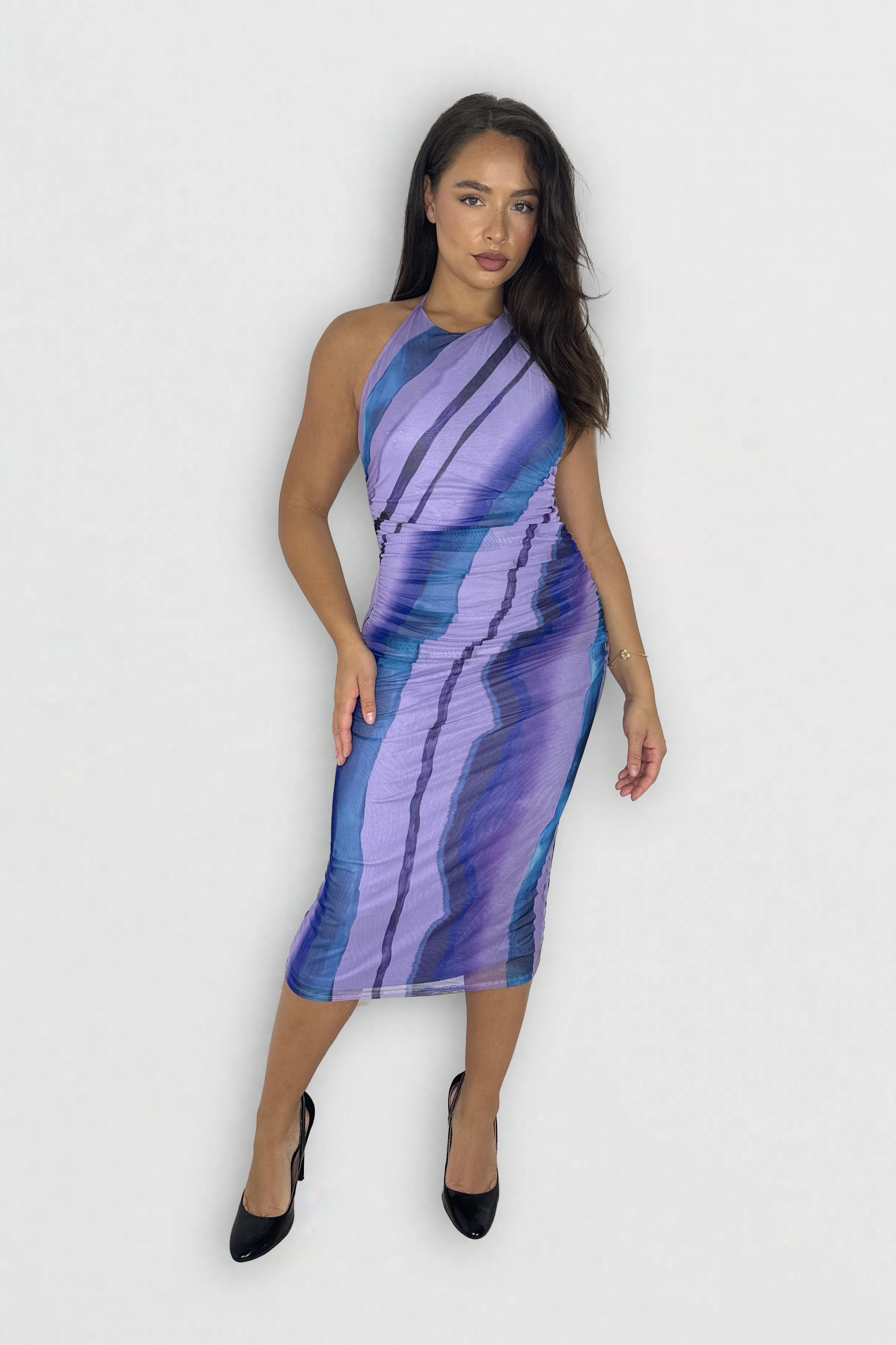 Halter Neck Multicolour Tie Dye Midi Bodycon Mesh Dress