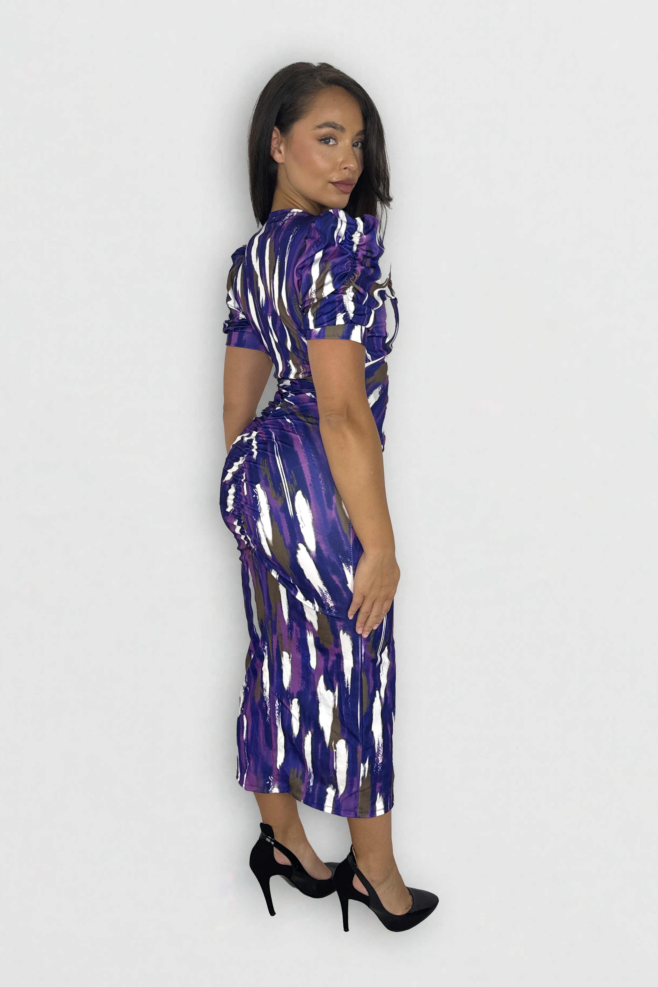 Puff Sleeve Ruched Abstract Print Slit Slinky Long Bodycon Dress