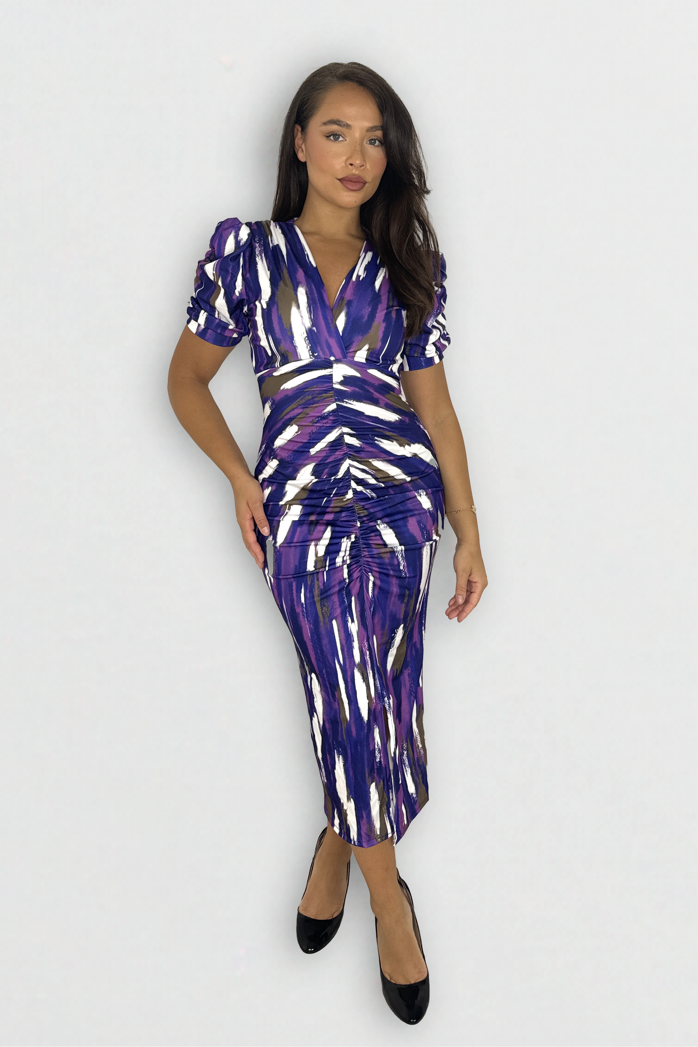 Puff Sleeve Ruched Abstract Print Slit Slinky Long Bodycon Dress