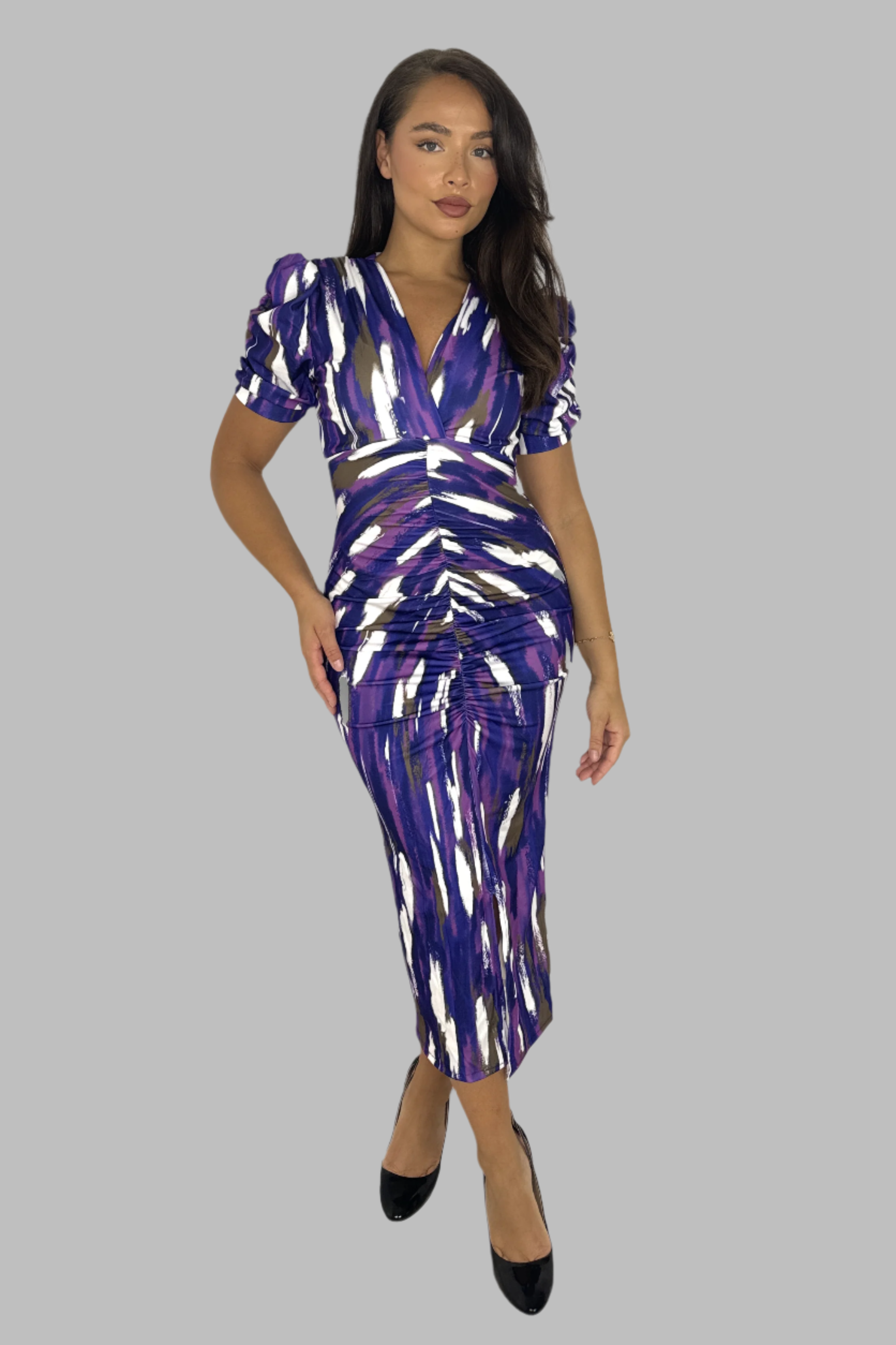 Wholesale Women's Puff Sleeve Ruched Abstract Print Slit Slinky Long Bodycon Dress (PACK OF 6)