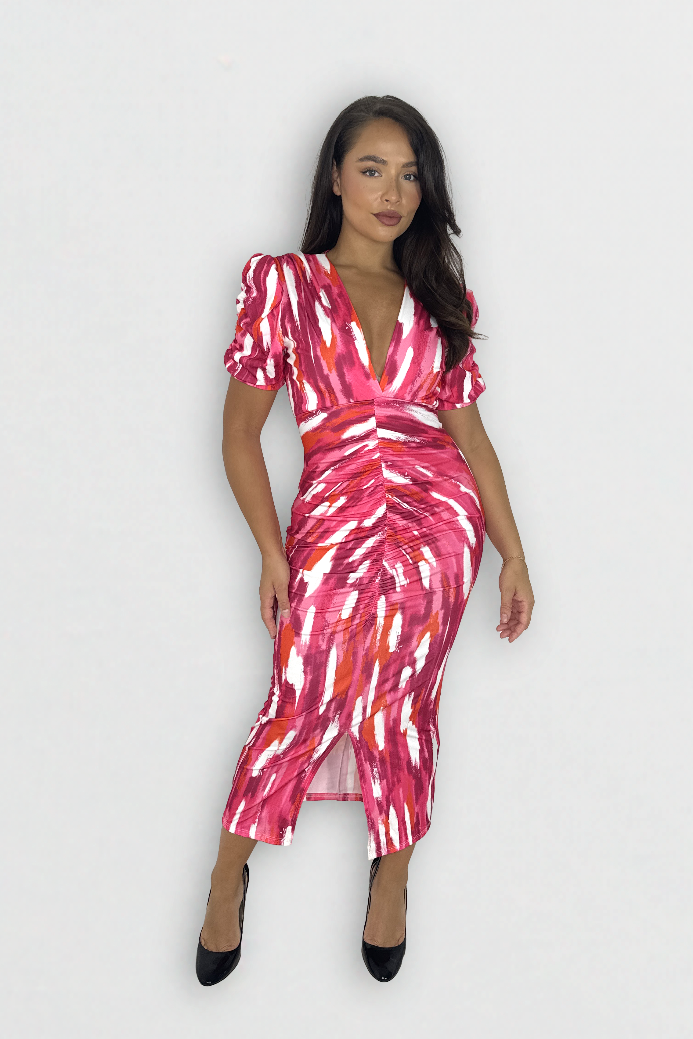 Puff Sleeve Ruched Abstract Print Slit Slinky Long Bodycon Dress
