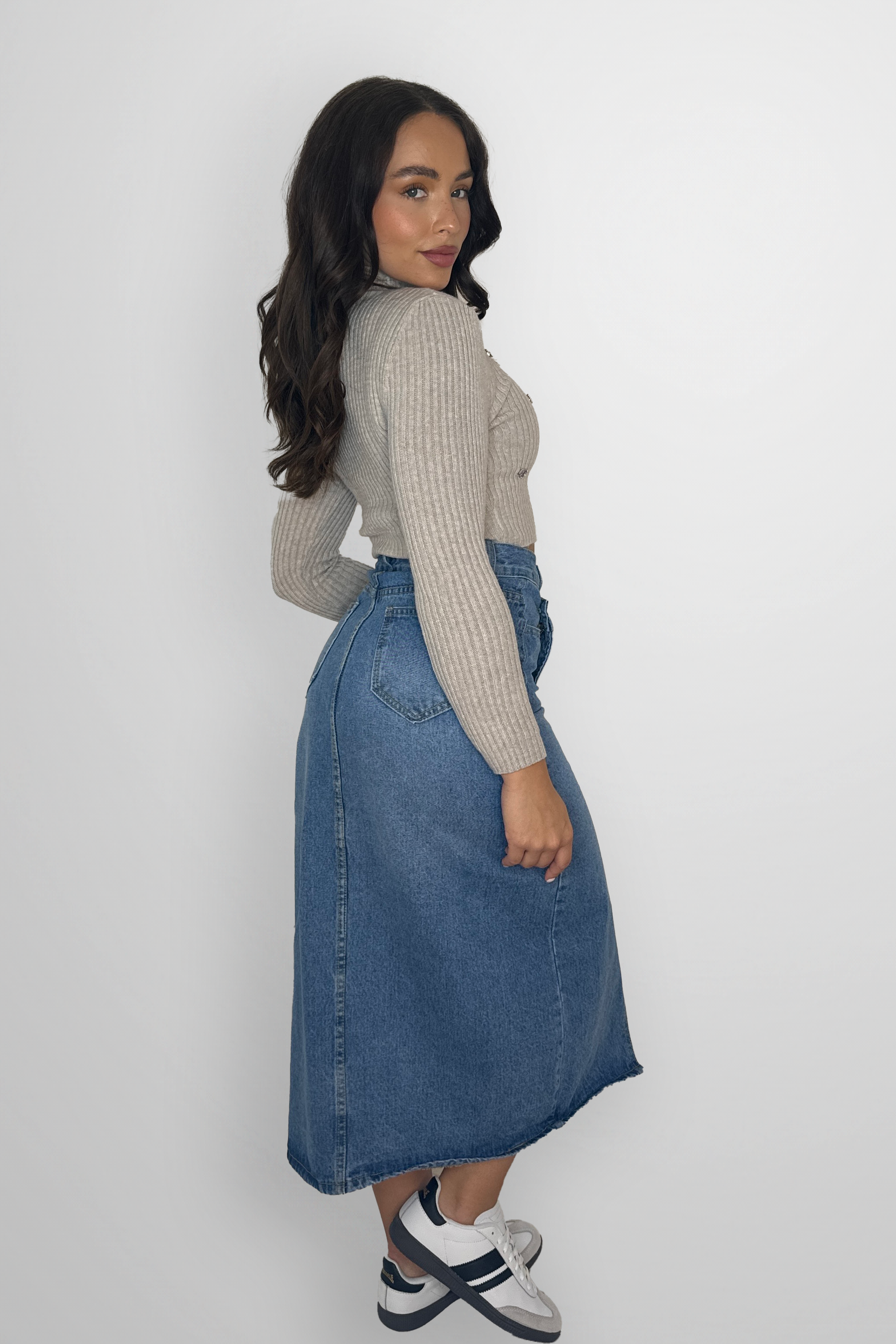 Asymmetric Front Slit Long Denim Blue Skirt-SinglePrice