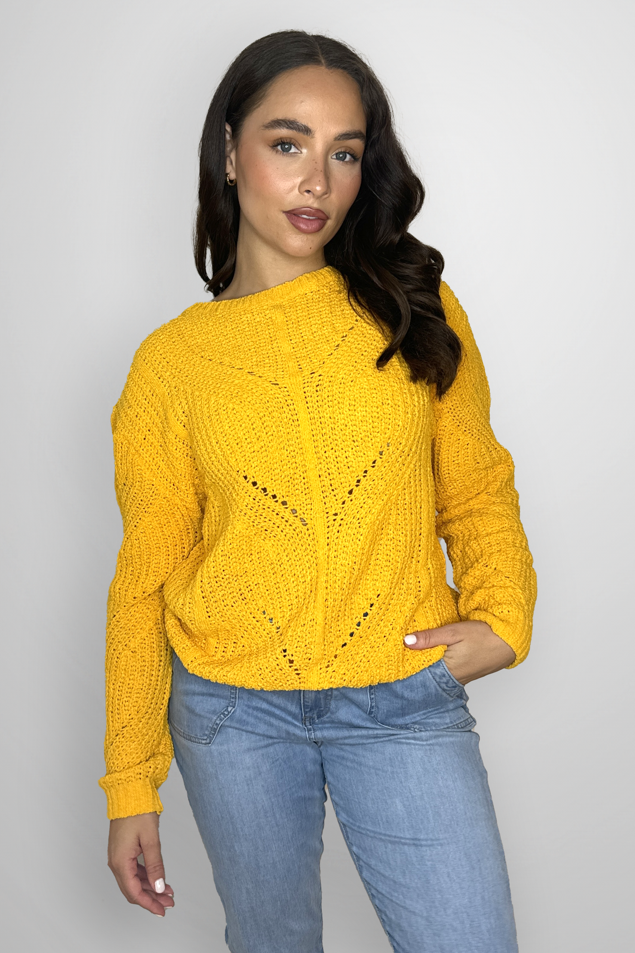 Perforated Chunky Knit Crew Neck Jumper-SinglePrice