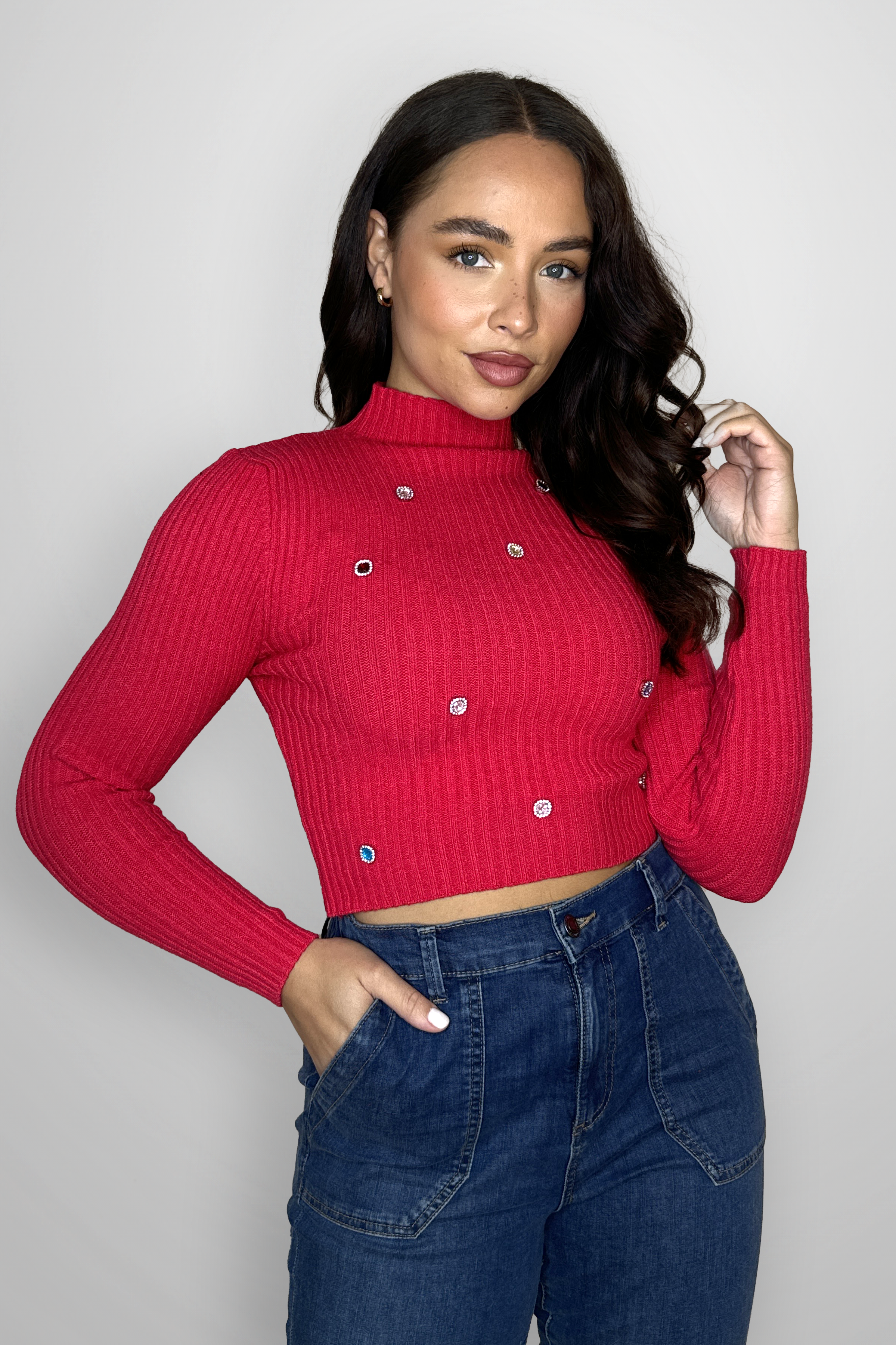 Mocked Neck Ribbed Viscose Blend Knit Embellished Cropped Jumper-SinglePrice