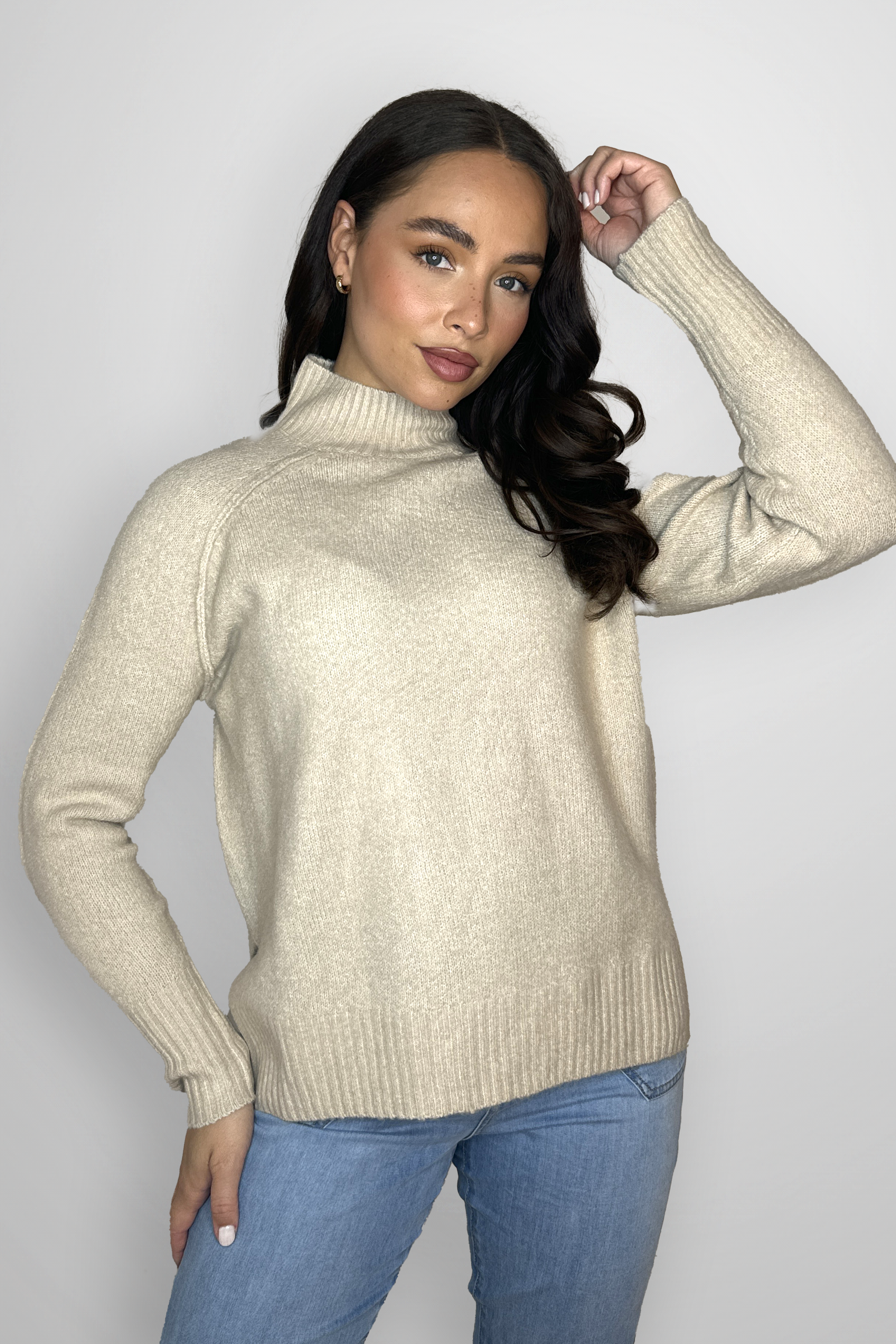 High Neck Melange Knit Side Slit Stretchy Pullover-SinglePrice