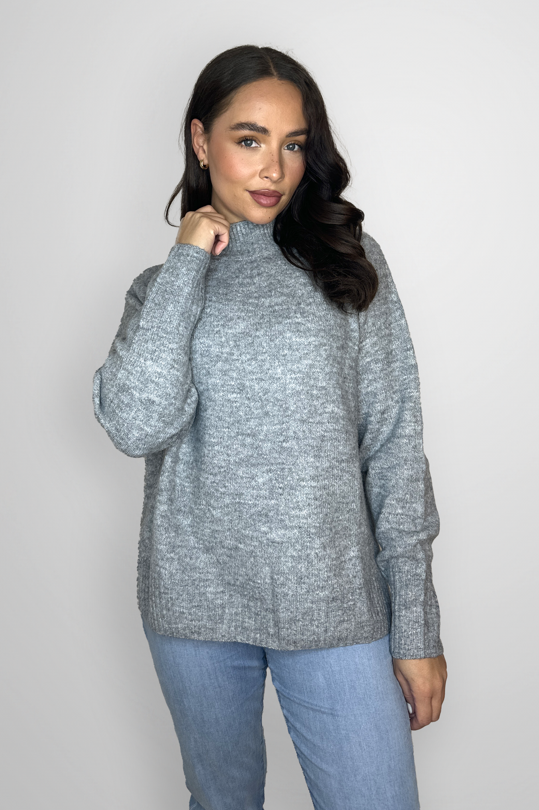 High Neck Melange Knit Side Slit Stretchy Pullover-SinglePrice