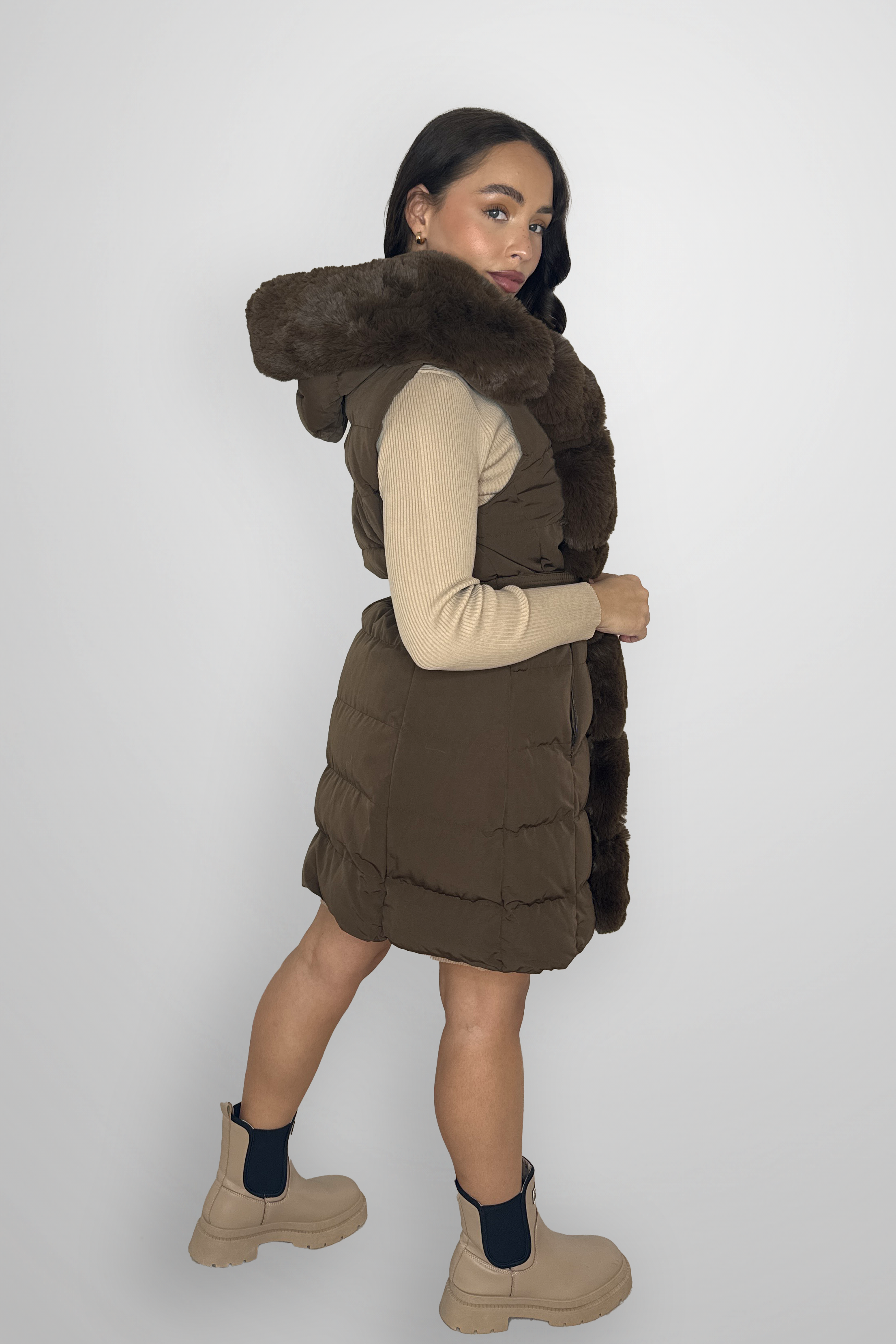 Faux Fur Trim Belted Hooded Winter Gilet