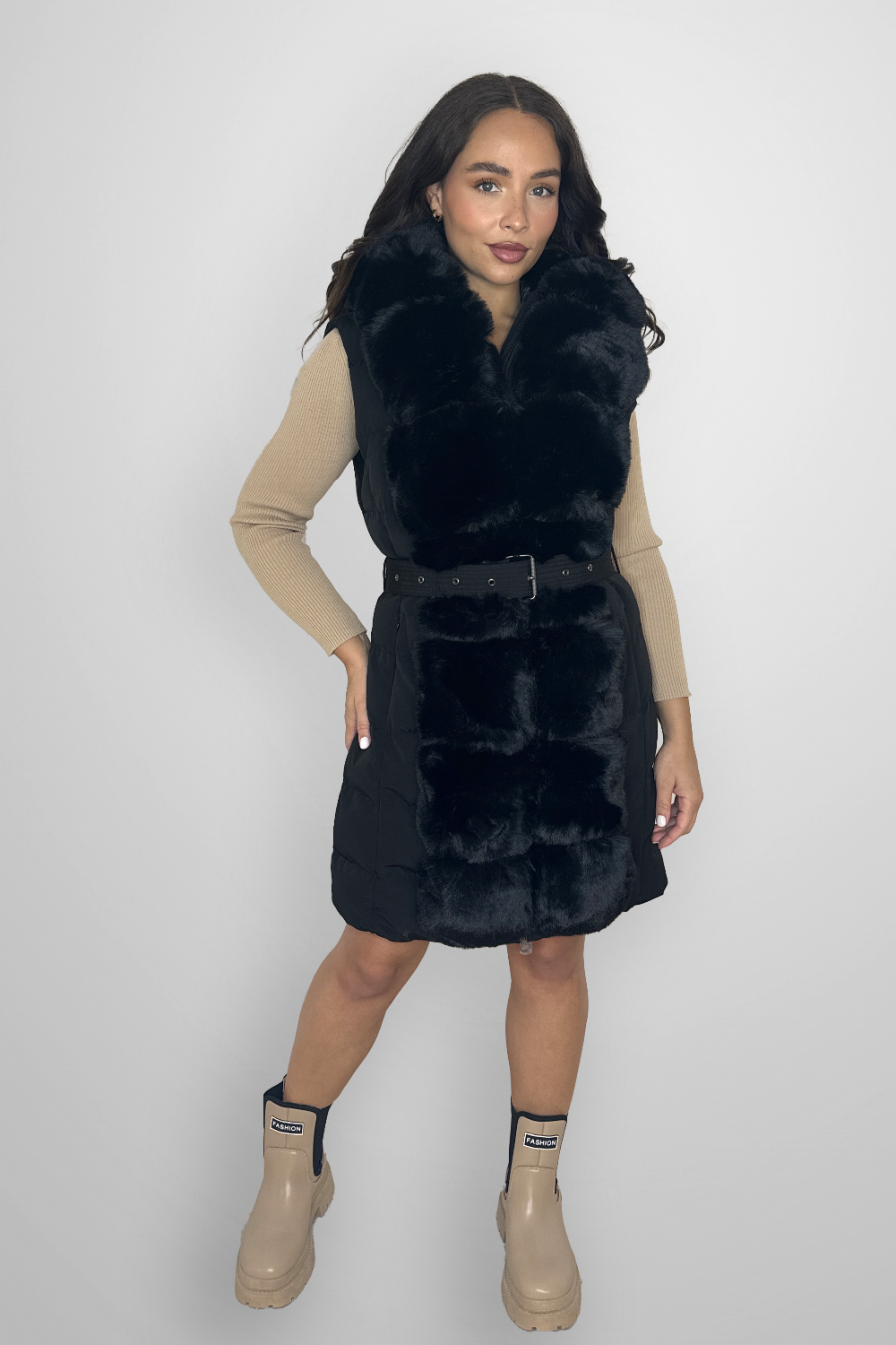 Faux Fur Trim Belted Hooded Winter Gilet