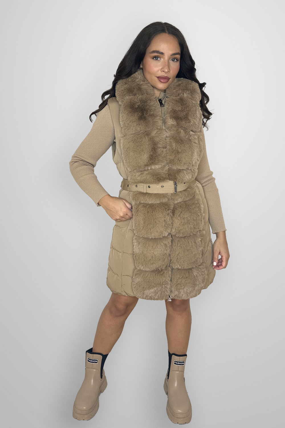 Faux Fur Trim Belted Hooded Winter Gilet