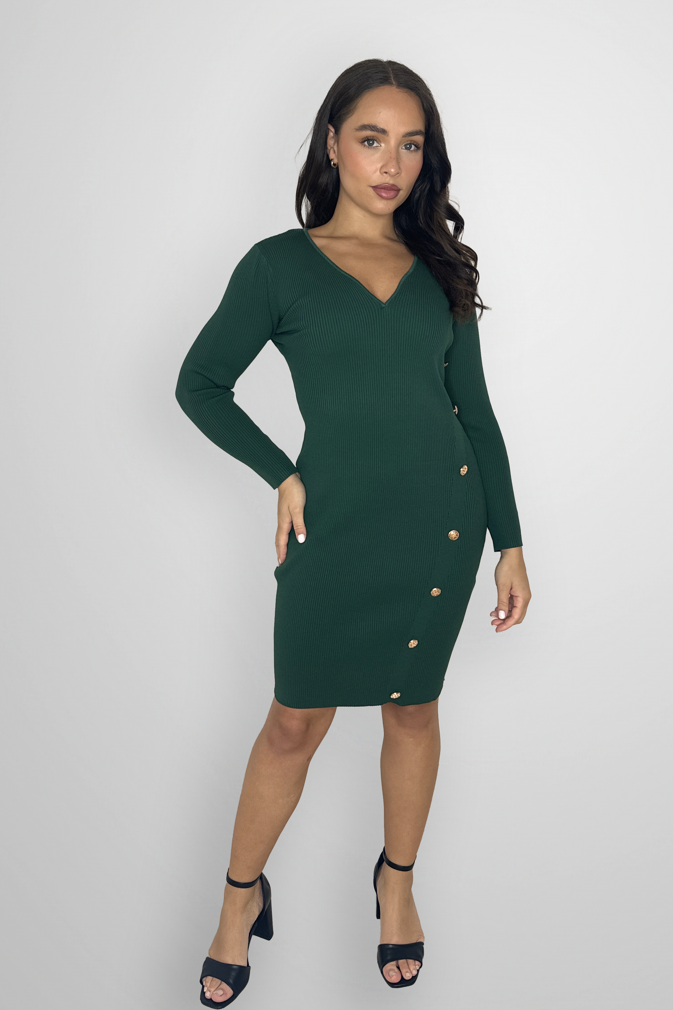 Ribbed Knit Side Button Detail Stretchy Knee Length Dress-SinglePrice