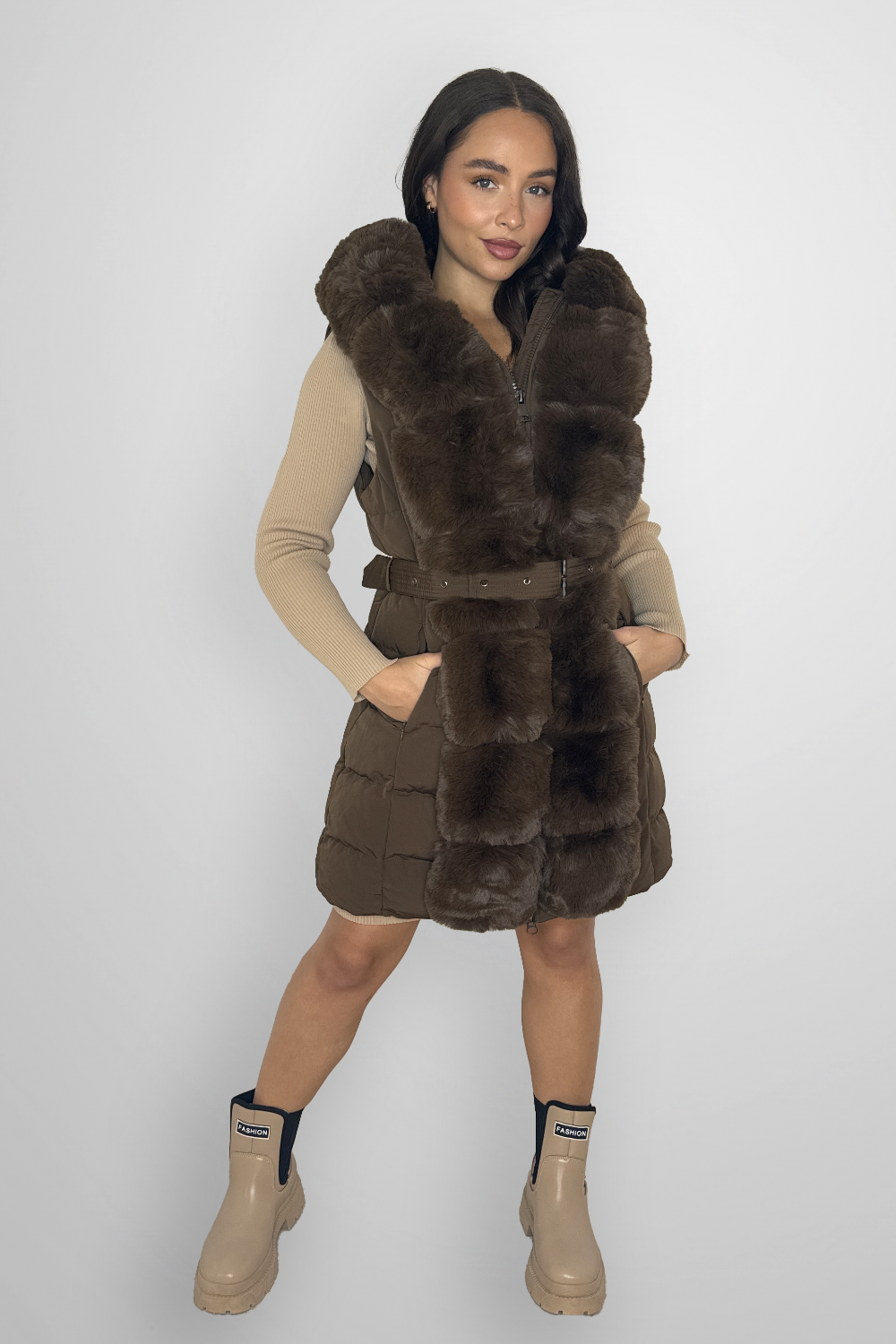 Faux Fur Trim Belted Hooded Winter Gilet