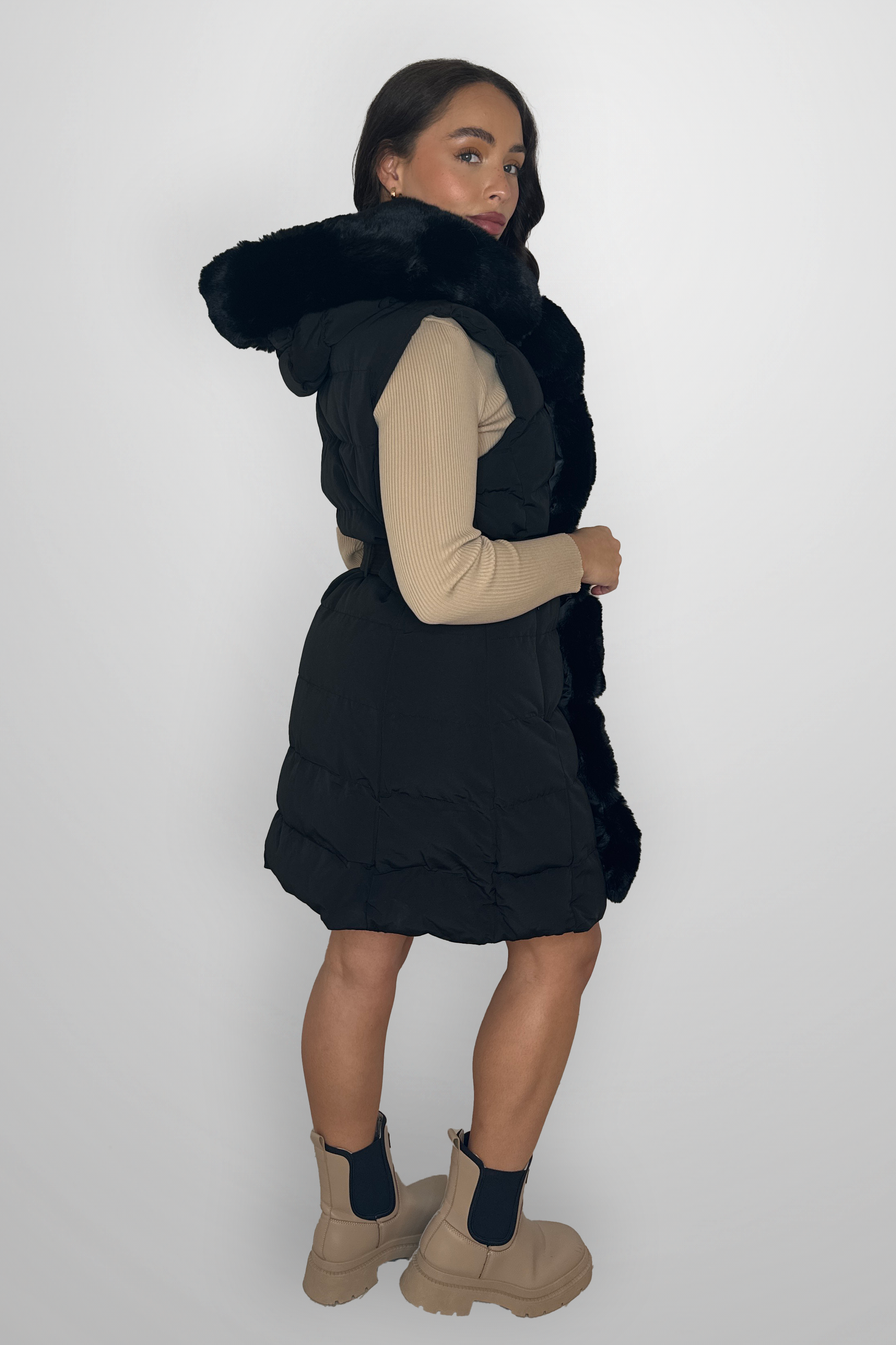 Faux Fur Trim Belted Hooded Winter Gilet