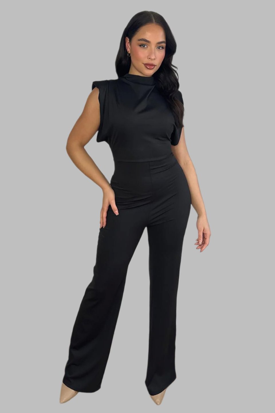 High Neck Short Sleeve Drapped Jumpsuit-SinglePrice