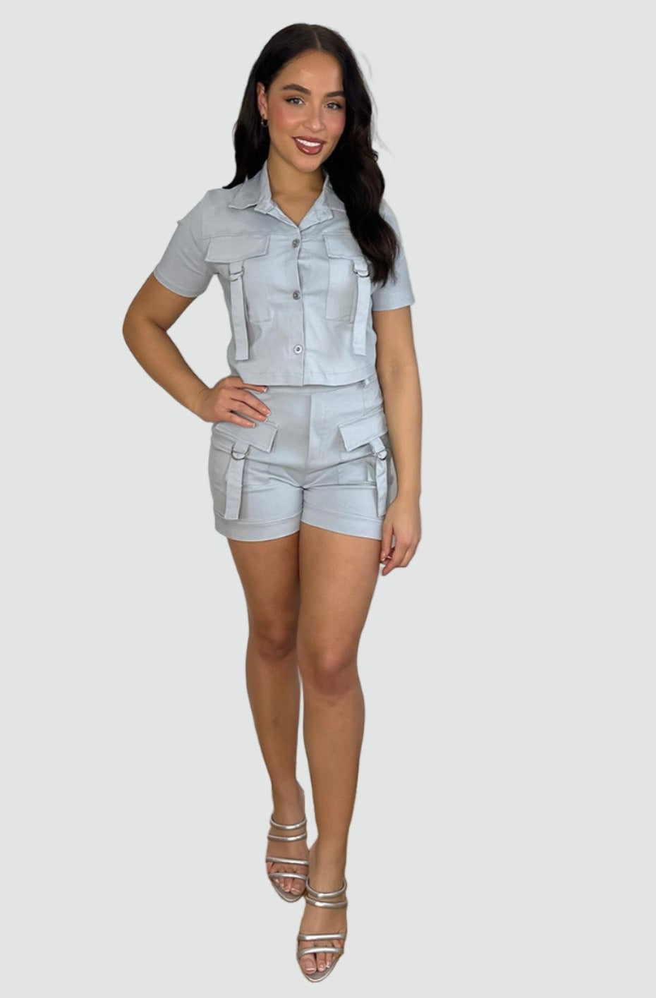 Utility Pockets Crop Top And Shorts Set-SinglePrice