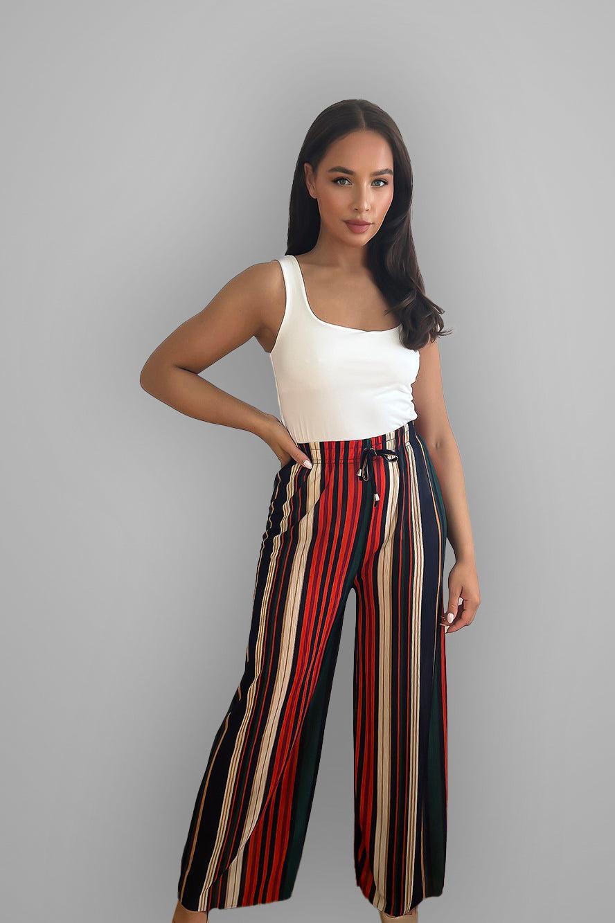 Wide Leg Colourful Striped Drawstring Waist Trousers-SinglePrice