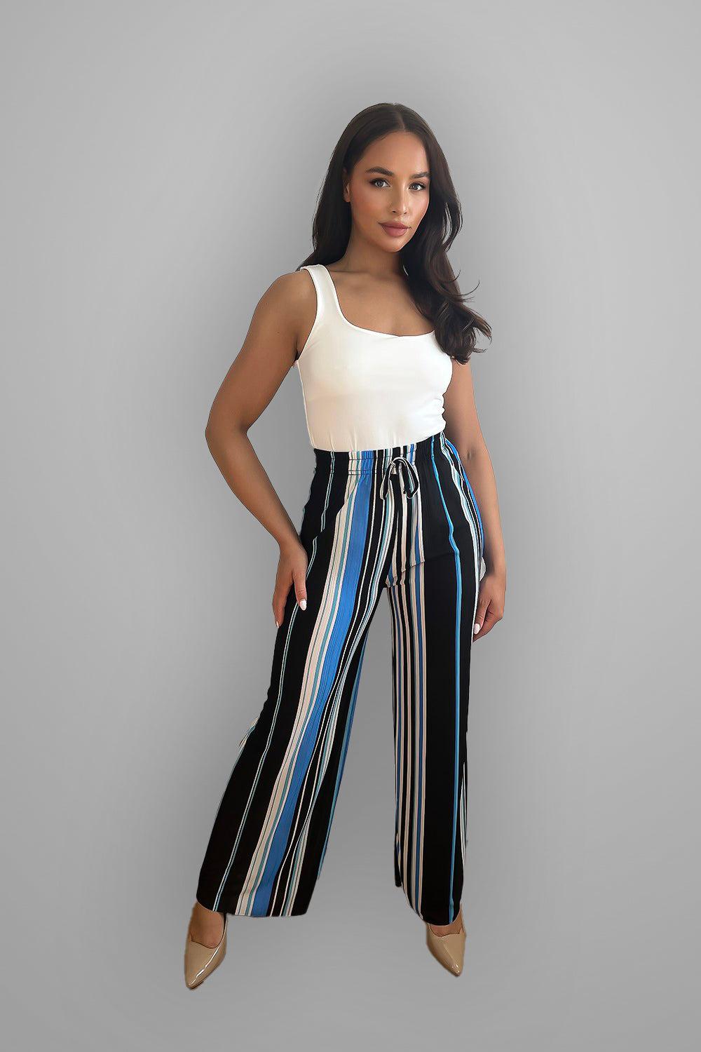 Wide Leg Colourful Striped Drawstring Waist Trousers-SinglePrice