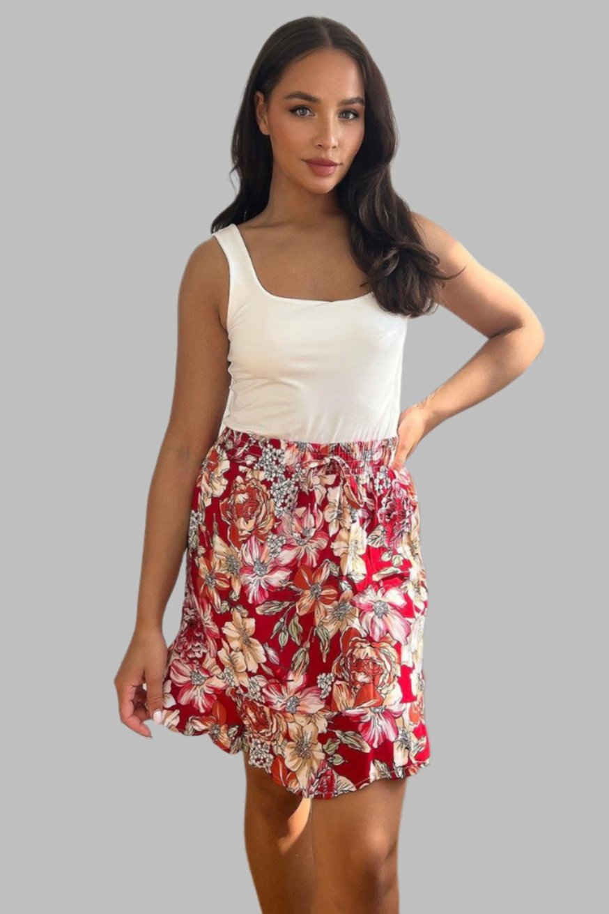 Summer Floral Print Cotton Blend Frill Short Skirt-SinglePrice