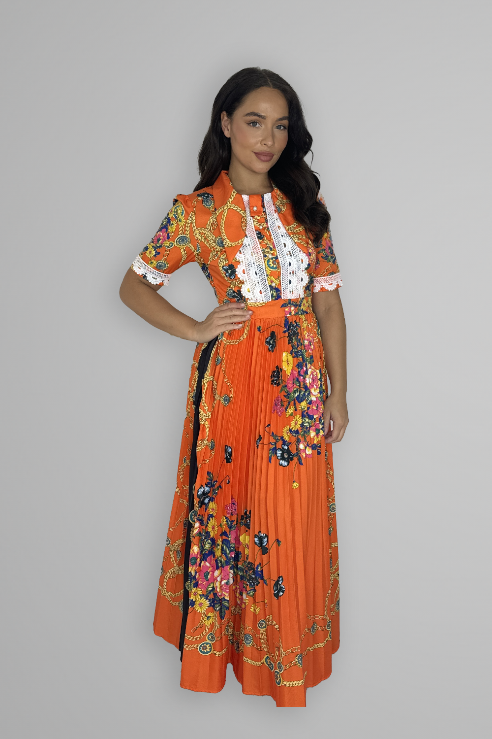 Satin Floral Print Pleated Maxi Dress-SinglePrice