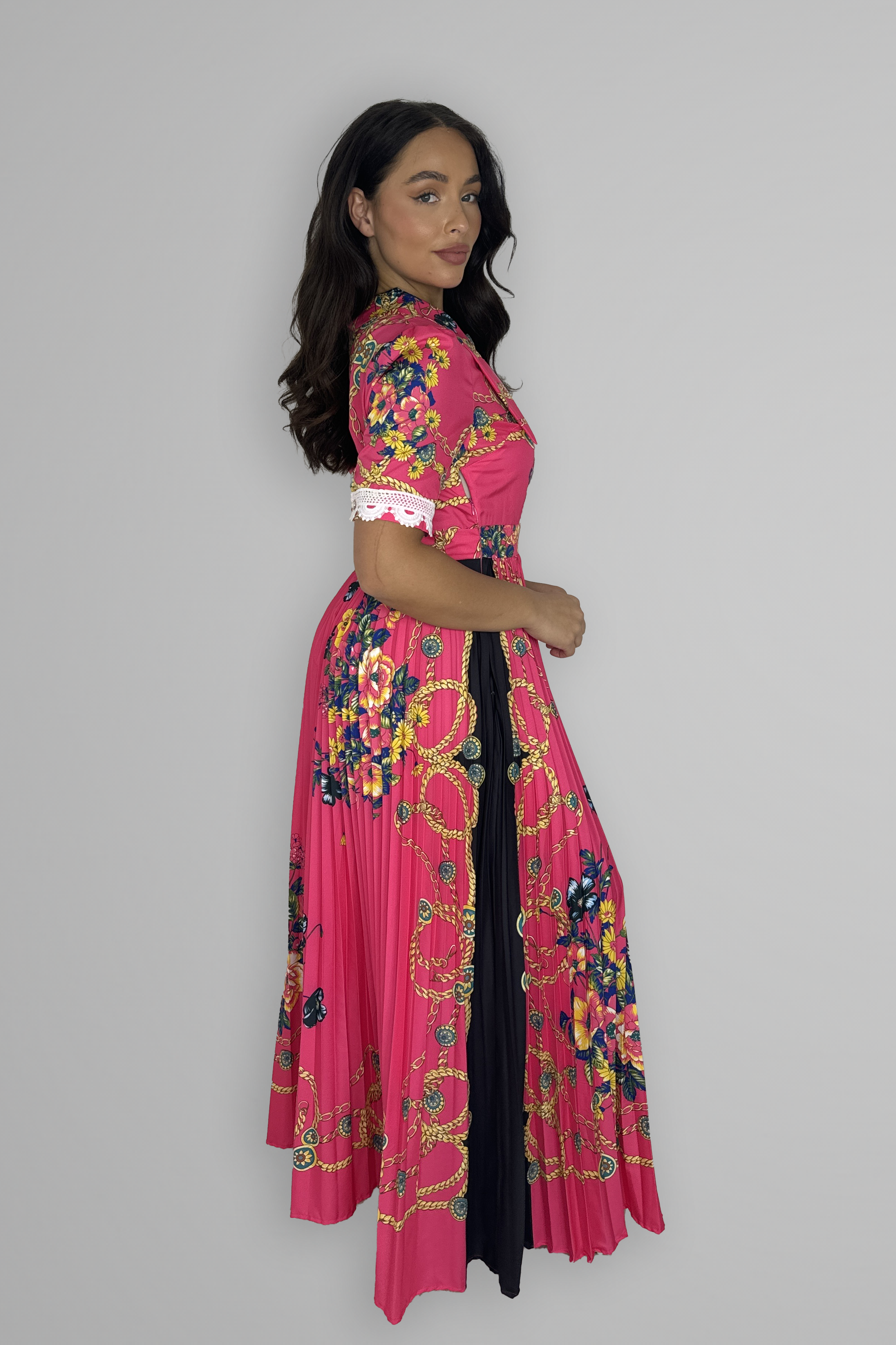 Satin Floral Print Pleated Maxi Dress