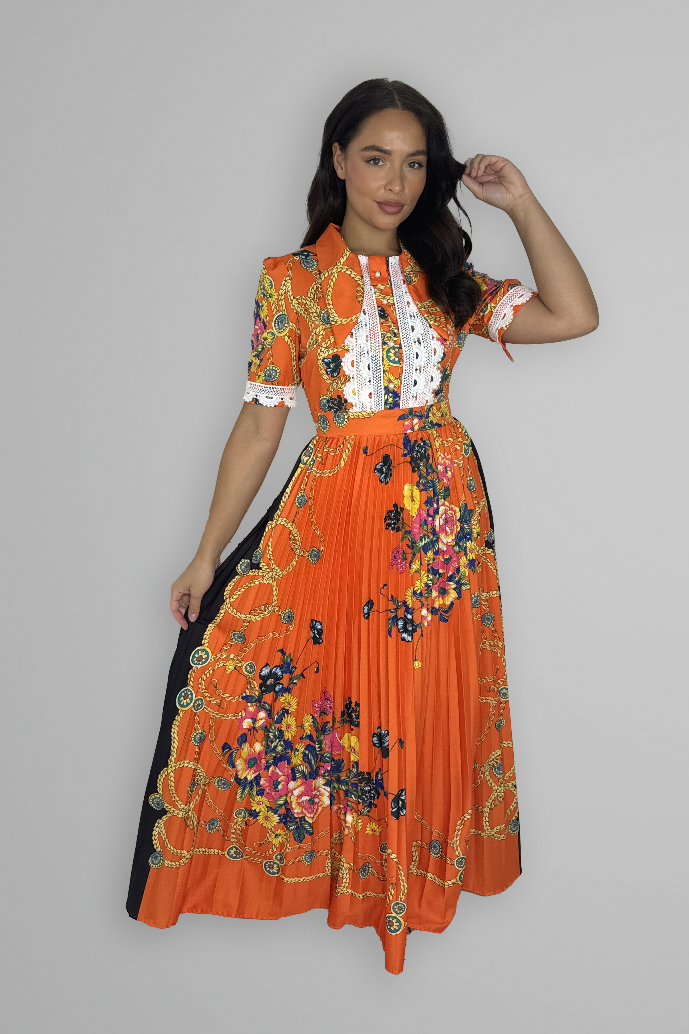 Satin Floral Print Pleated Maxi Dress-SinglePrice