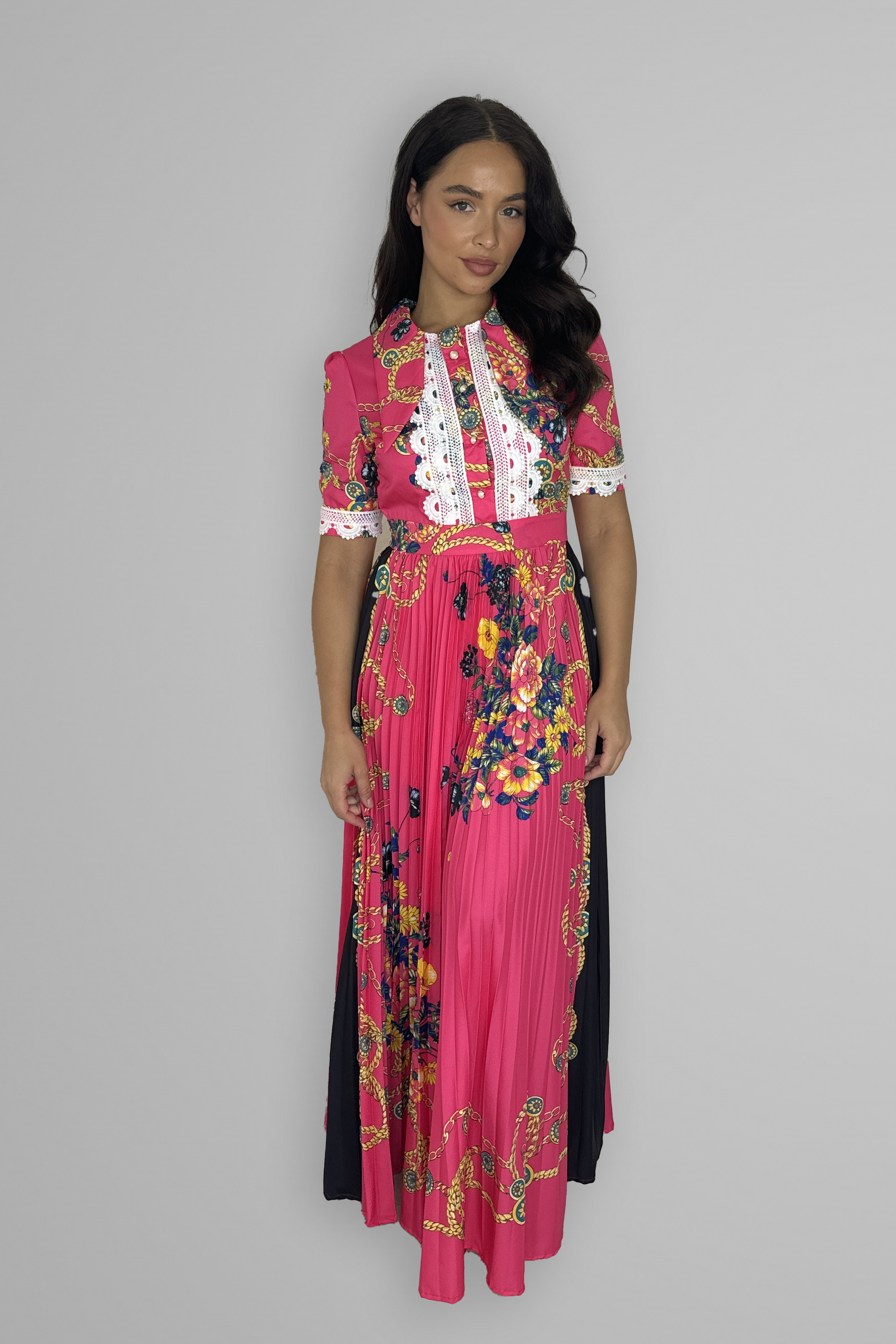 Satin Floral Print Pleated Maxi Dress