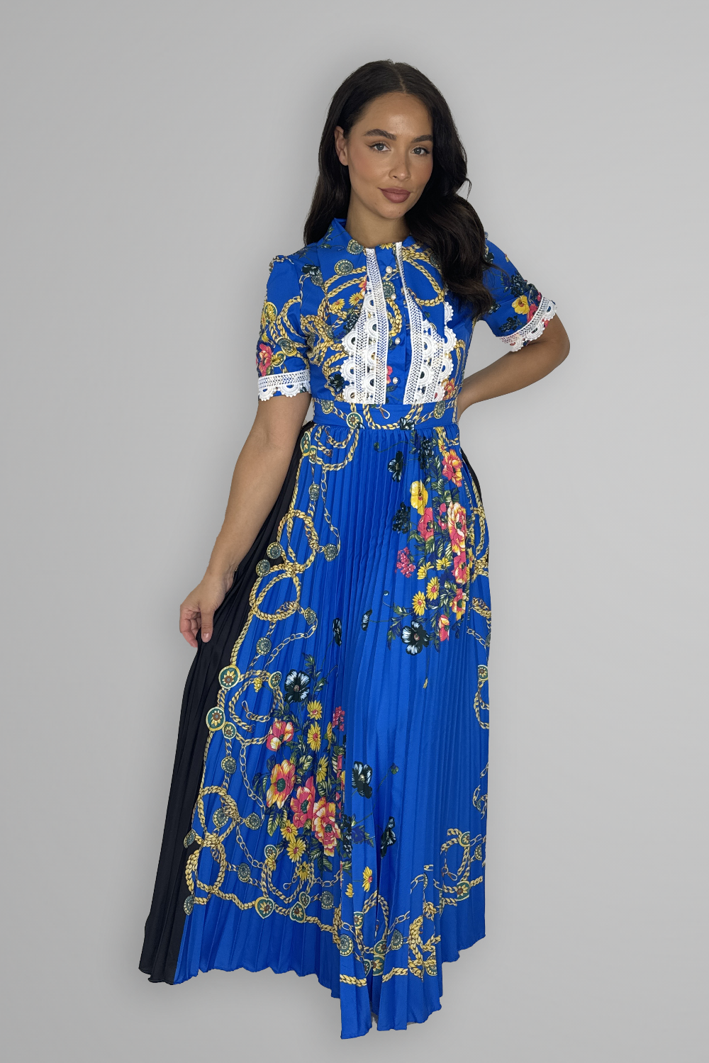 Satin Floral Print Pleated Maxi Dress-SinglePrice