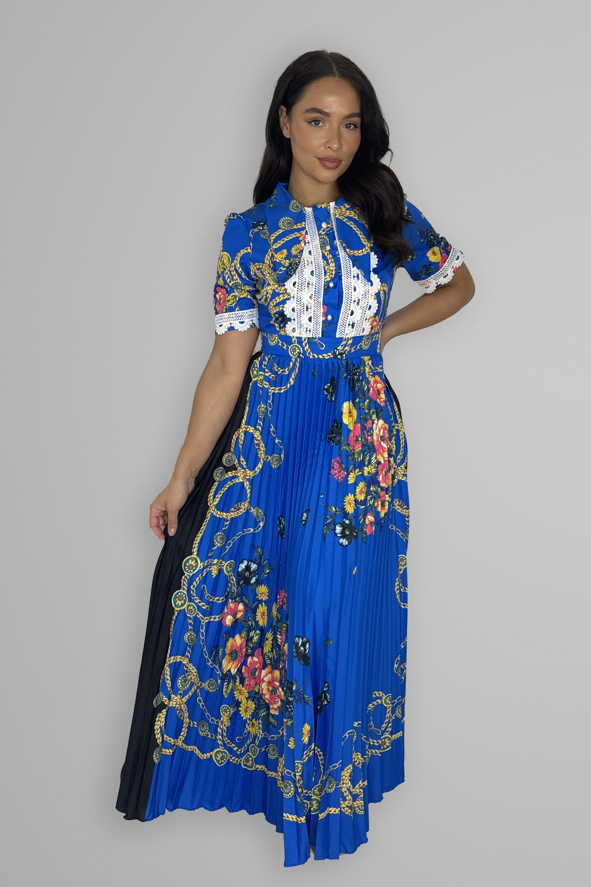 Satin Floral Print Pleated Maxi Dress