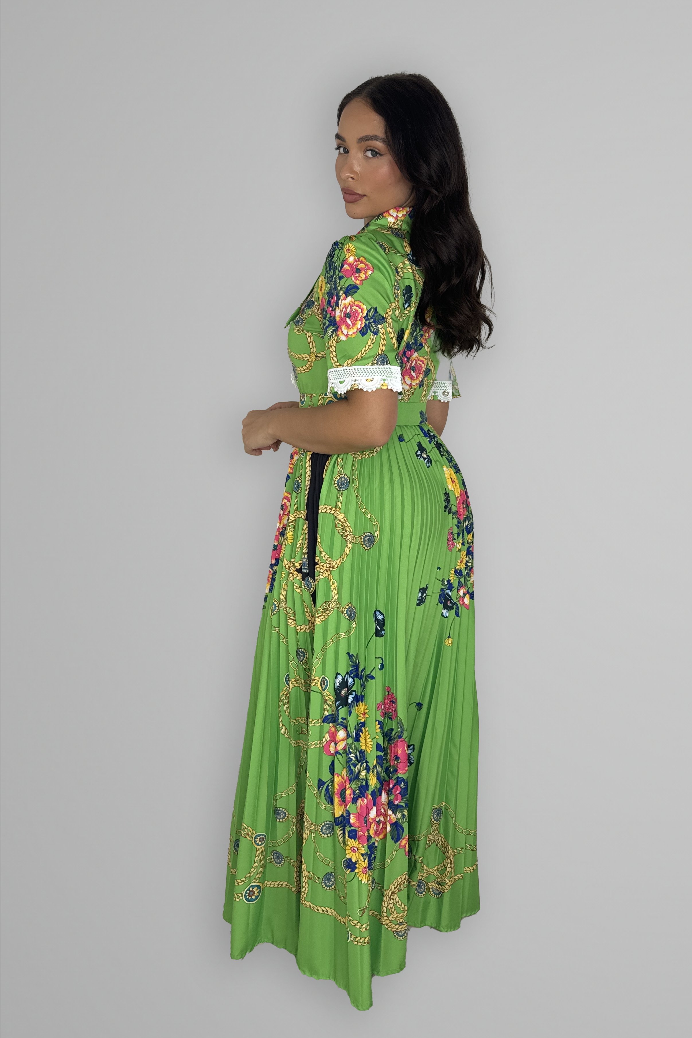 Satin Floral Print Pleated Maxi Dress