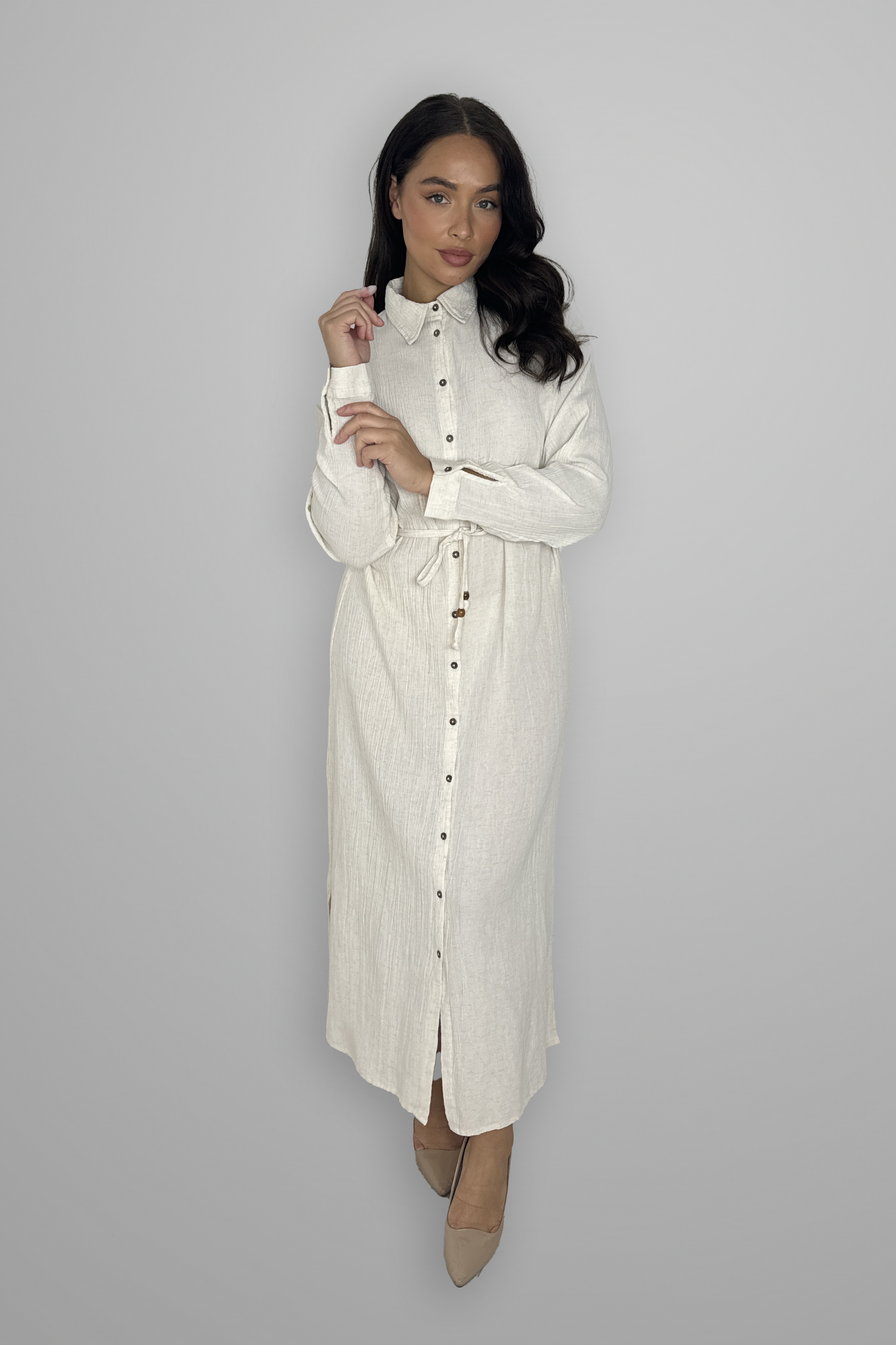 Long Sleeve Crinkled Button Down Tie Belt Classic Modest Dress-SinglePrice