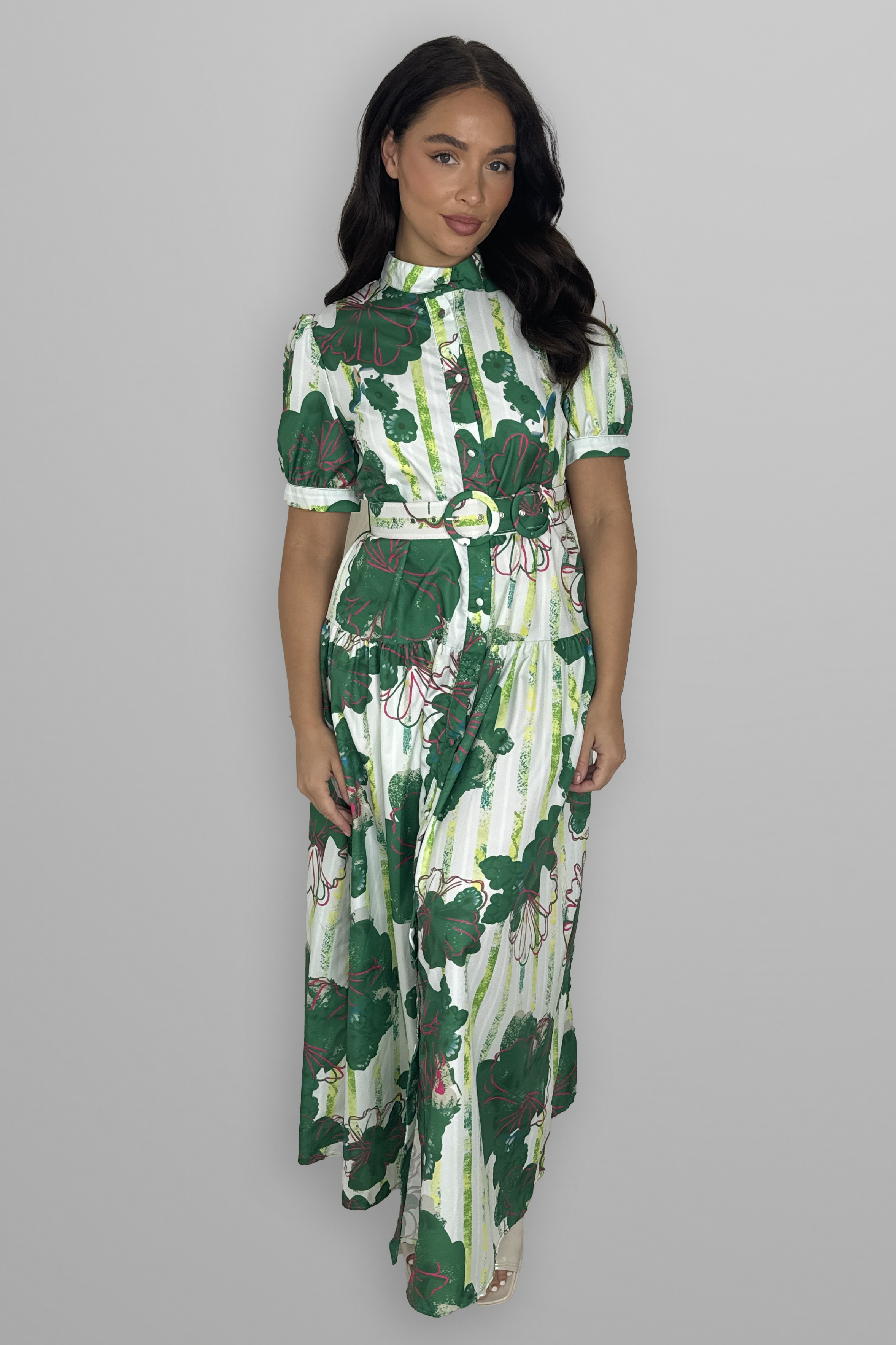 Floral Print Mock Neck Button Down Belted Maxi Dress-SinglePrice