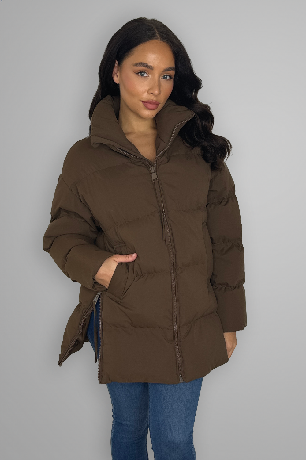 High Neck Collar Zip Winter Jacket-SinglePrice