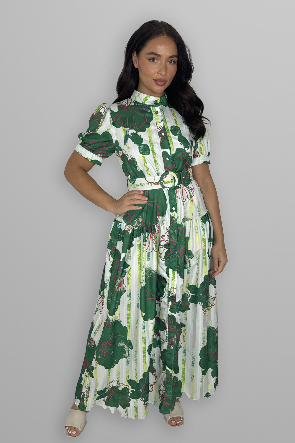 Floral Print Mock Neck Button Down Belted Maxi Dress-SinglePrice