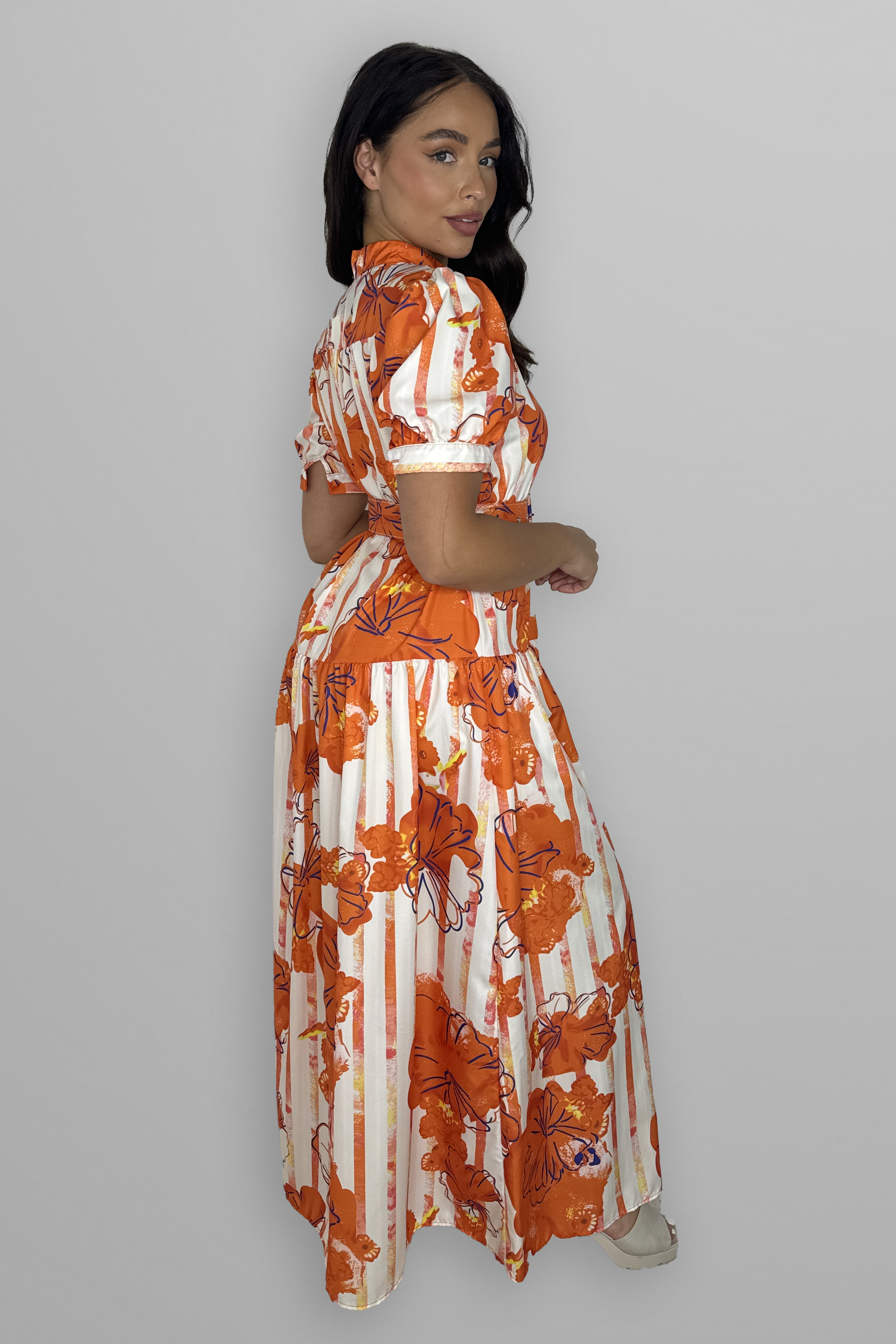 Floral Print Mock Neck Button Down Belted Maxi Dress-SinglePrice