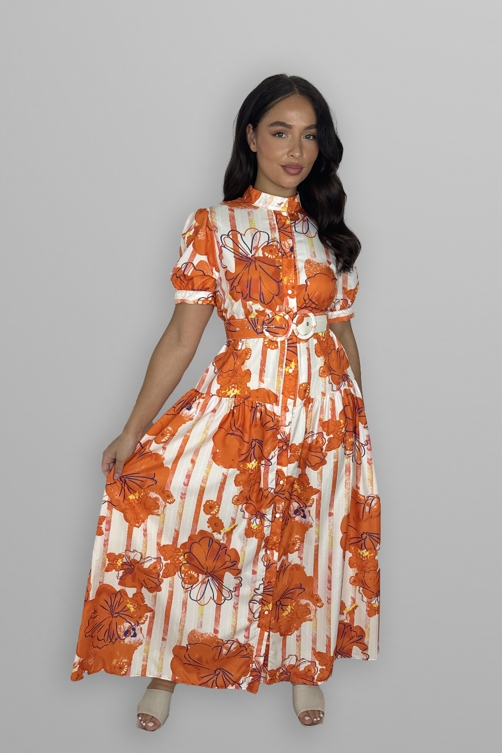 Floral Print Mock Neck Button Down Belted Maxi Dress-SinglePrice