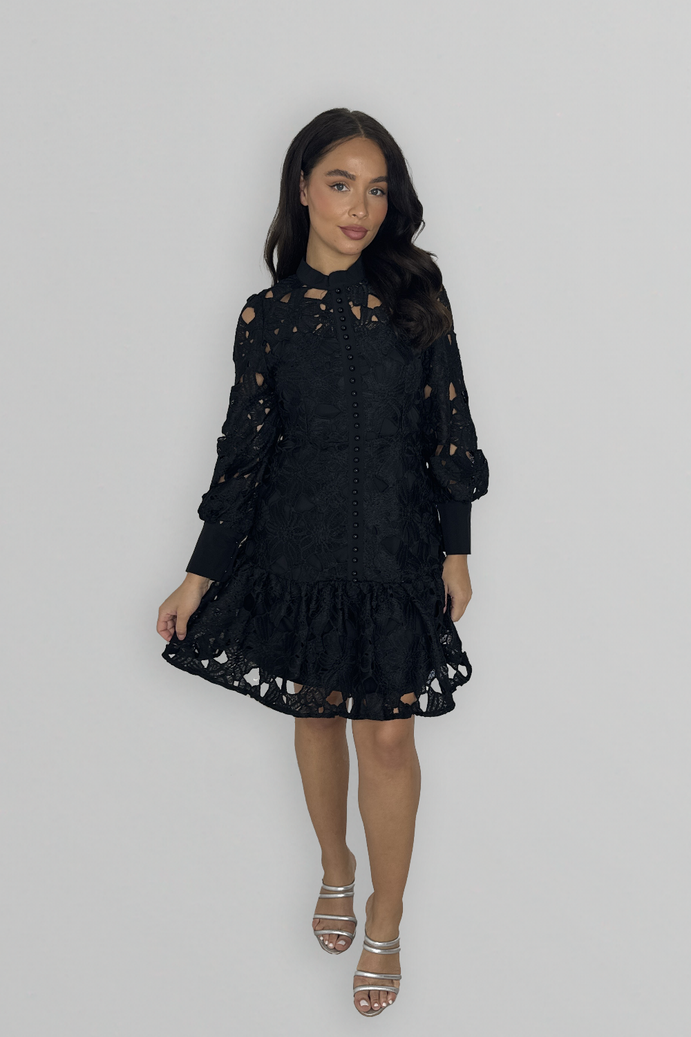 Floral Crochet Long Sleeve Japanese Style Little Black Dress-SinglePrice