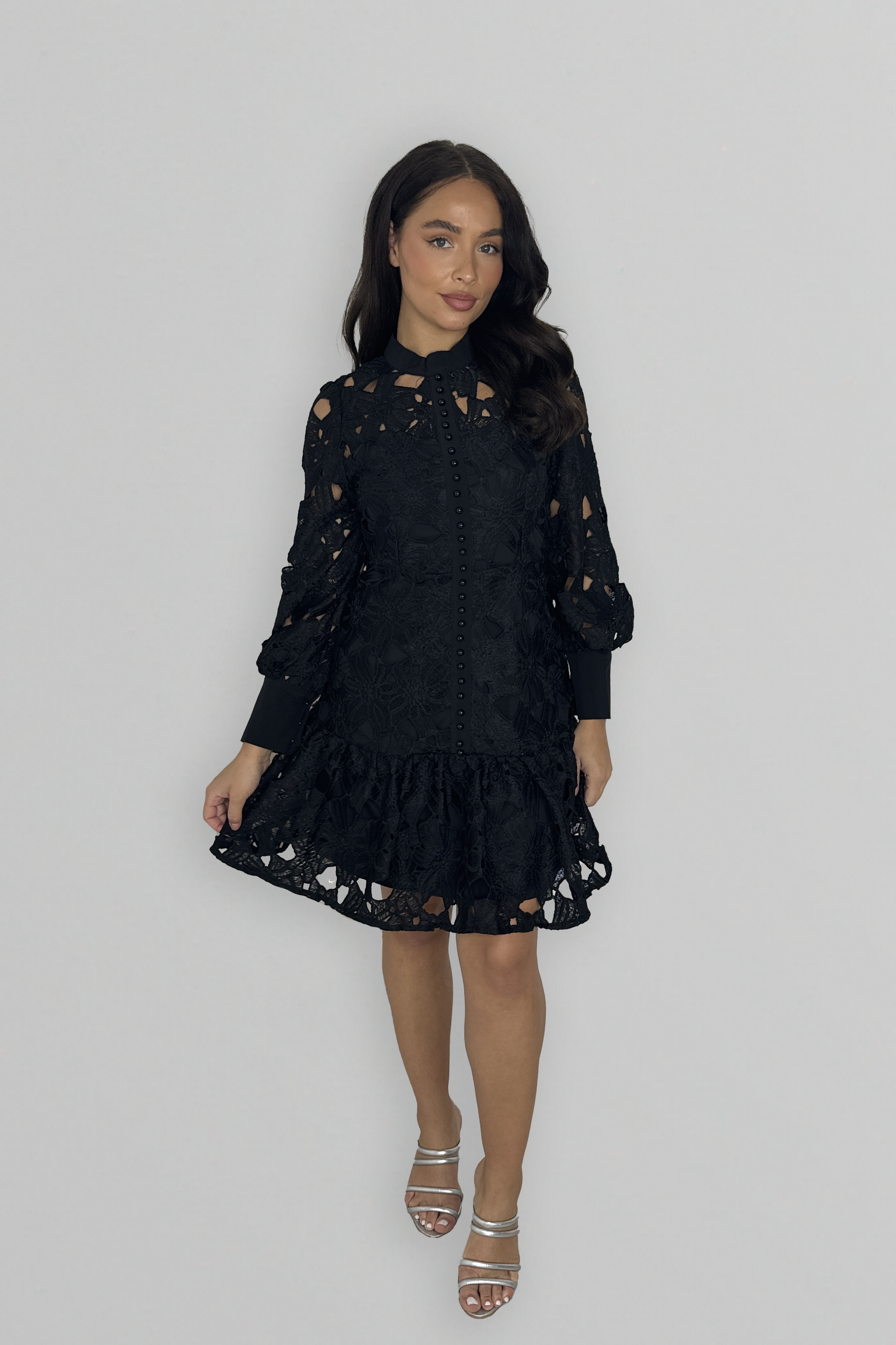 Floral Crochet Long Sleeve Japanese Style Little Black Dress