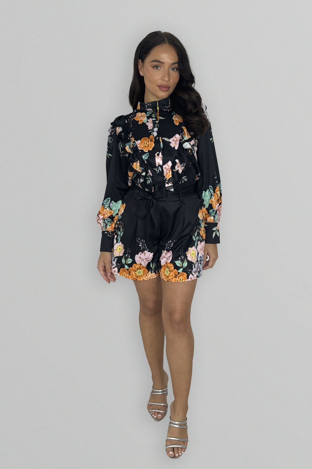 Floral Print Long Sleeve Blouse And Skater Shorts Co-ord Set-SinglePrice