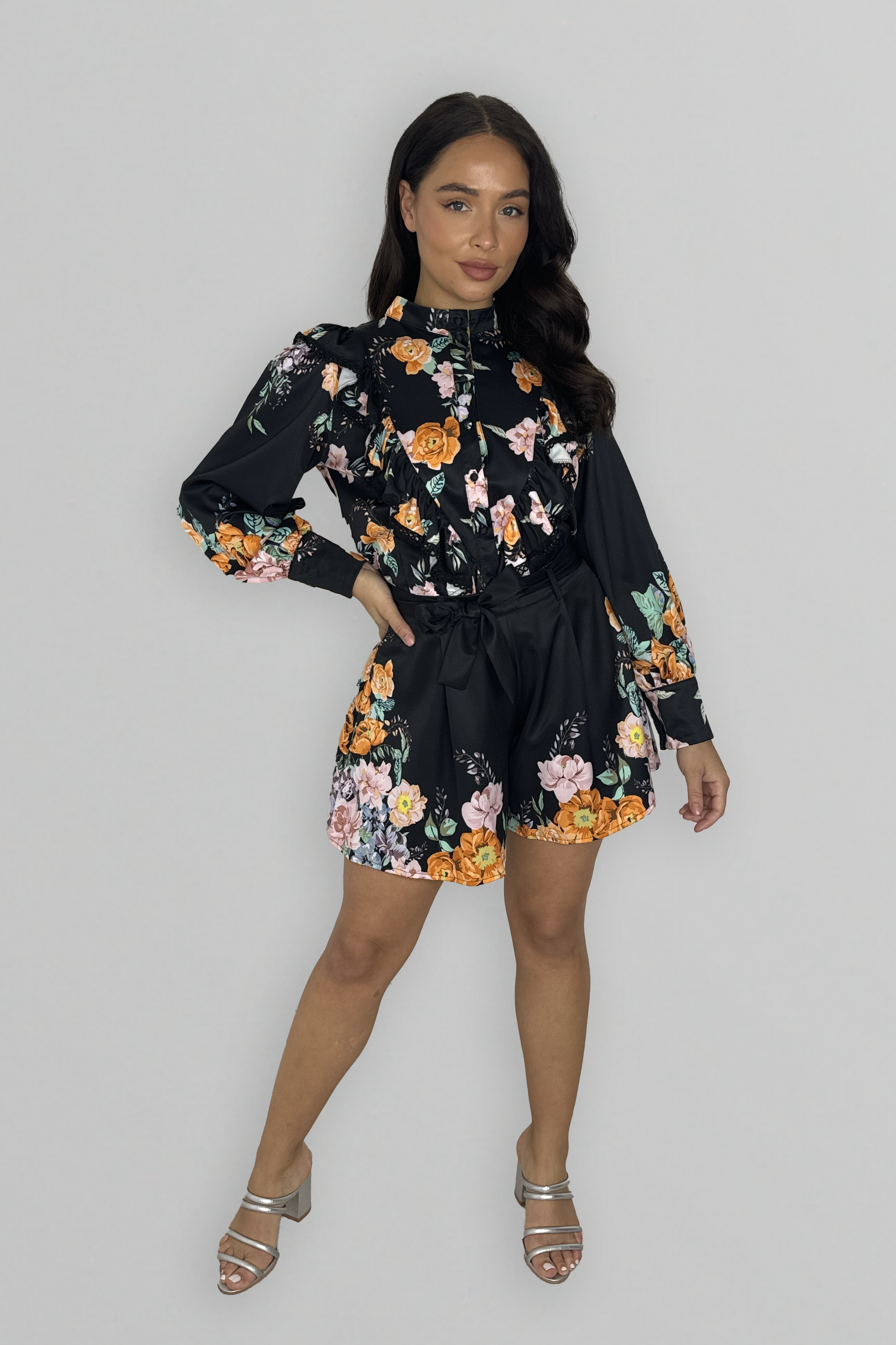 Floral Print Long Sleeve Blouse And Skater Shorts Co-ord Set-SinglePrice