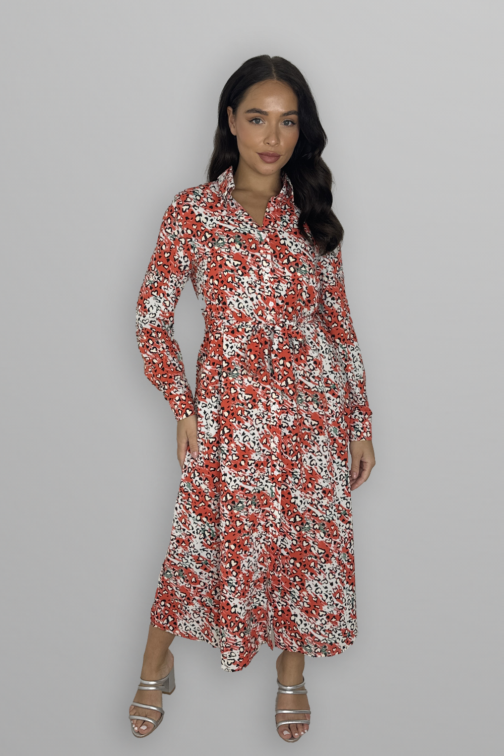 Long Sleeve Button Down Tie Up Printed Long Dress-SinglePrice