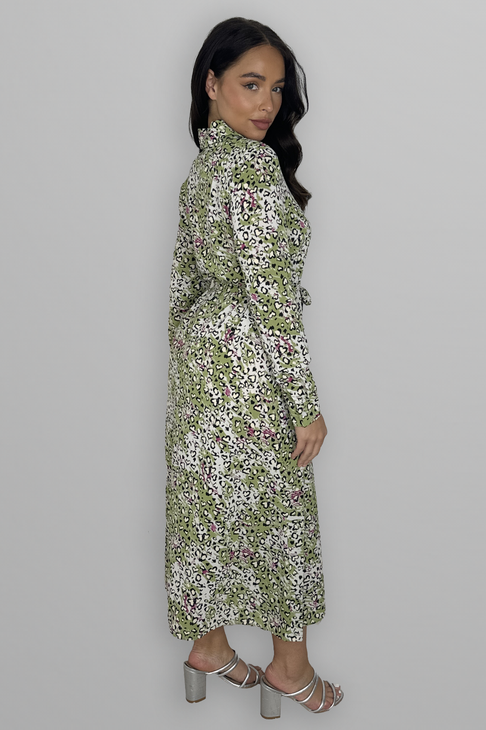 Long Sleeve Button Down Tie Up Printed Long Dress-SinglePrice