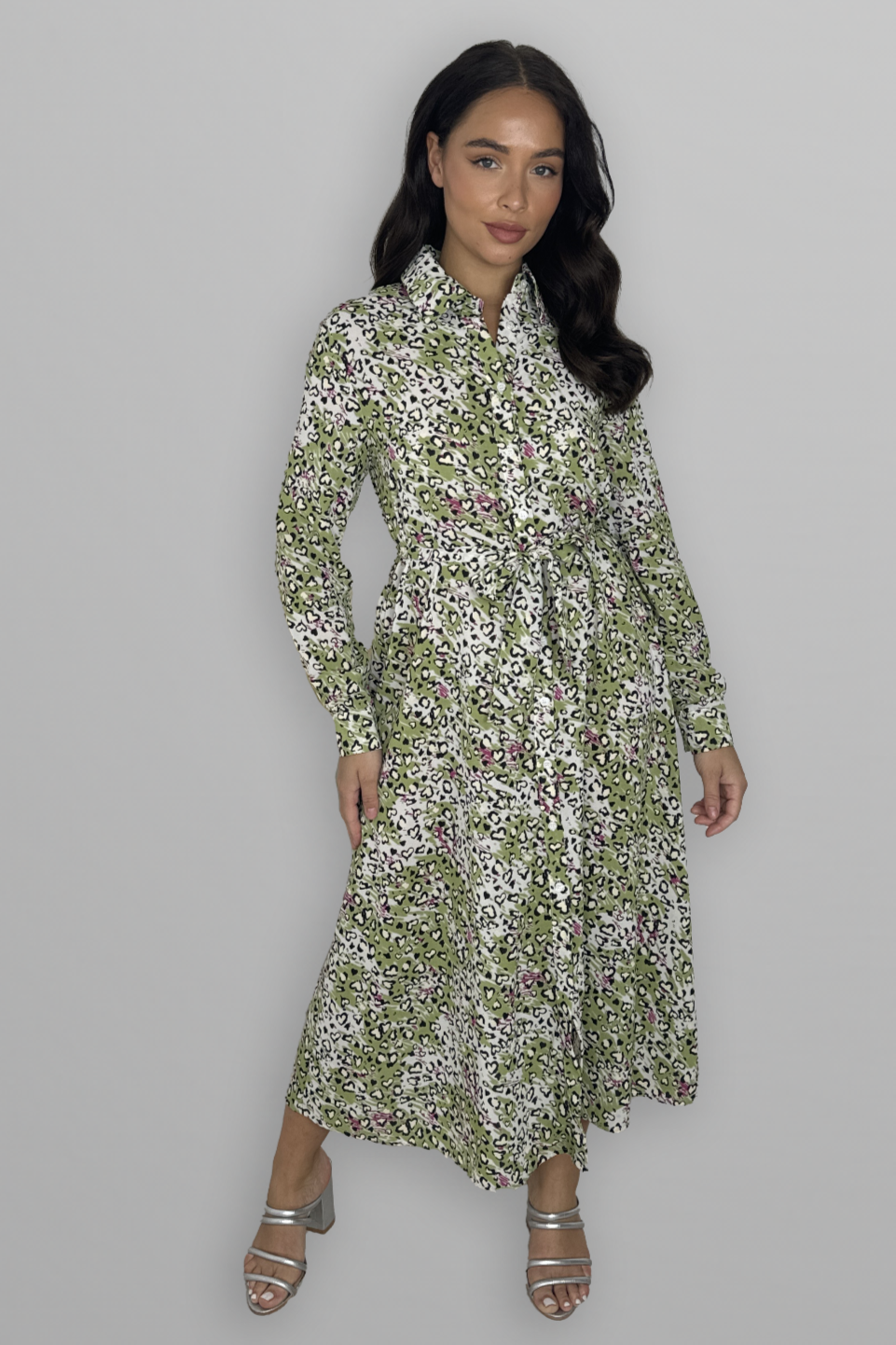 Long Sleeve Button Down Tie Up Printed Long Dress-SinglePrice