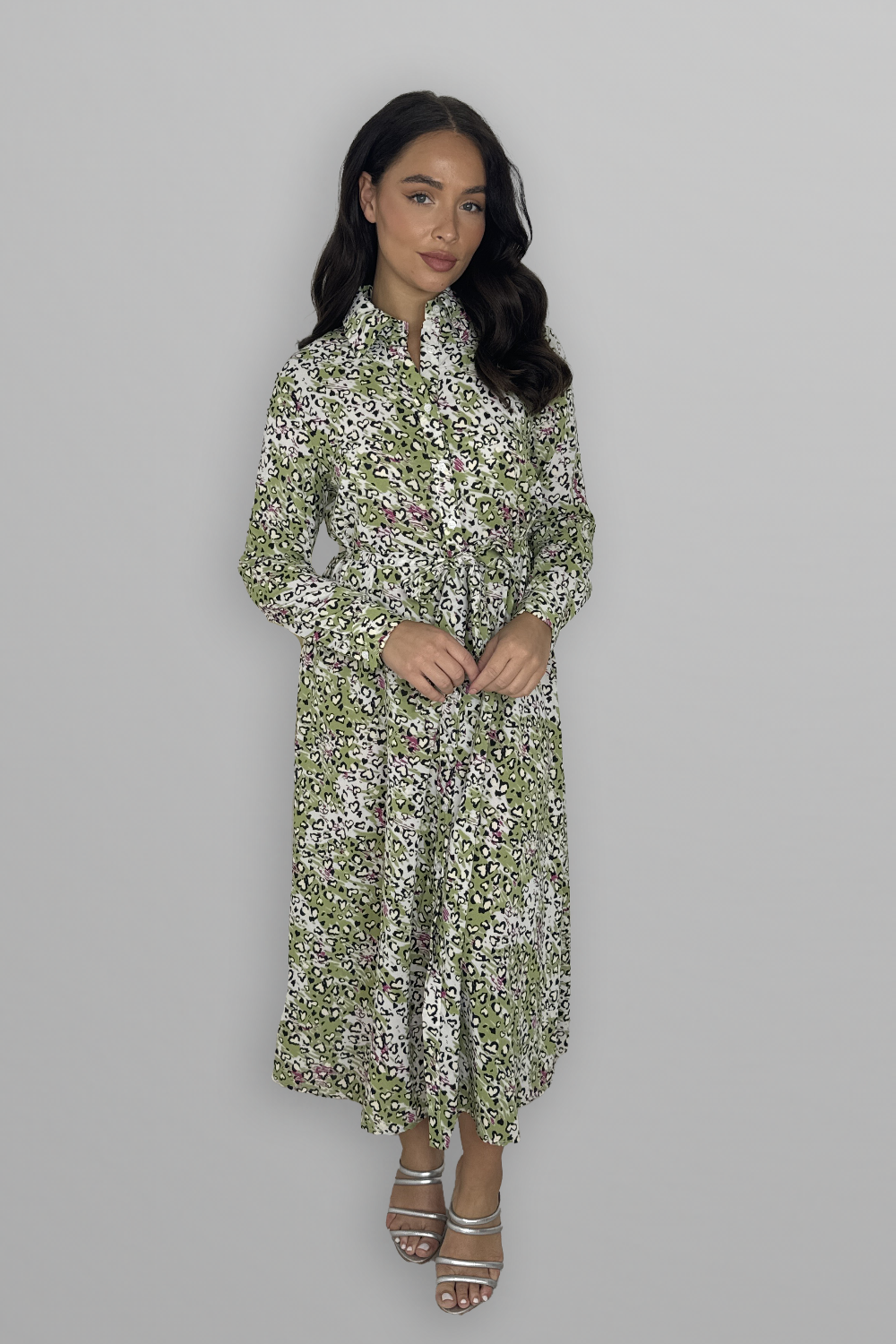 Long Sleeve Button Down Tie Up Printed Long Dress-SinglePrice