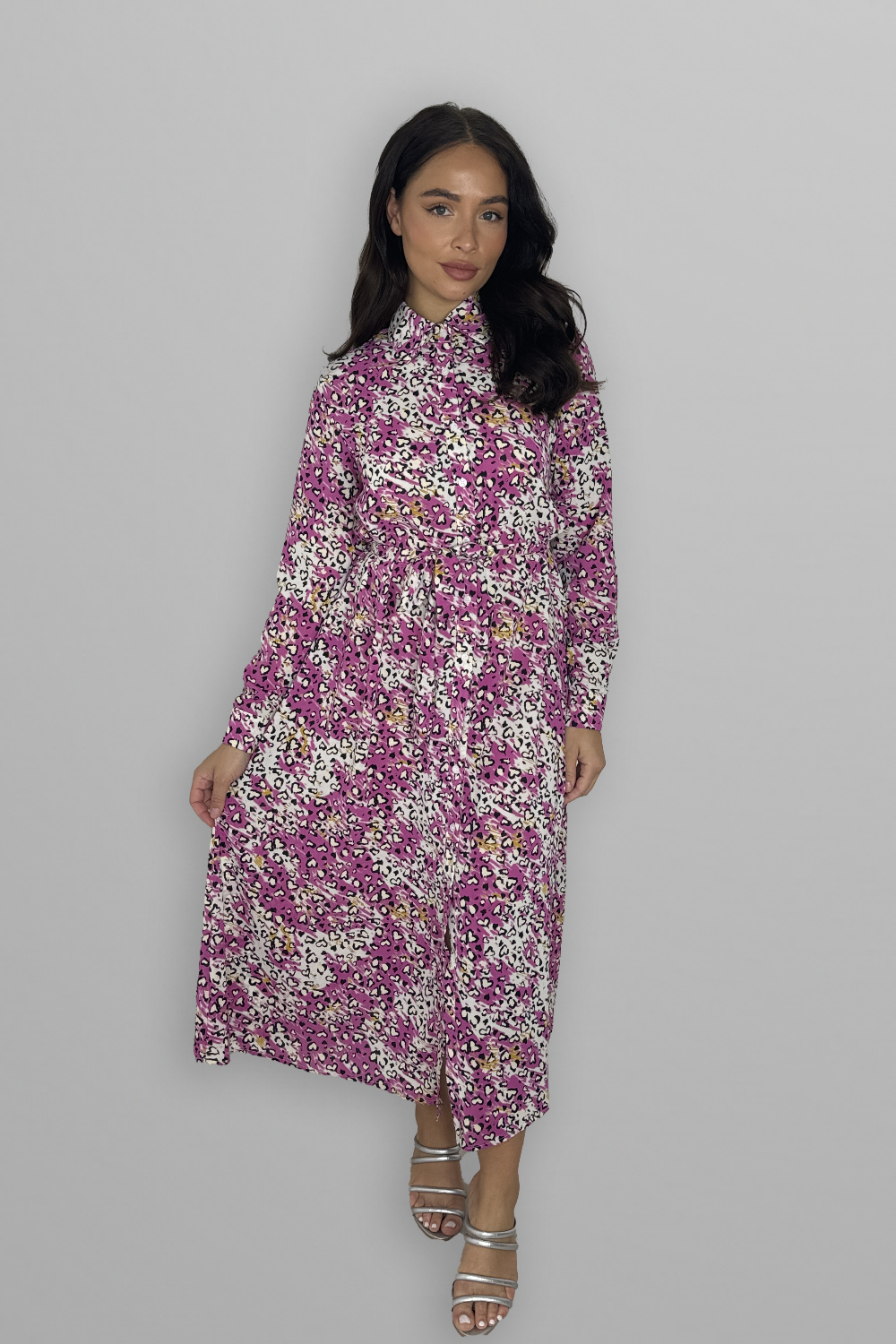 Long Sleeve Button Down Tie Up Printed Long Dress-SinglePrice