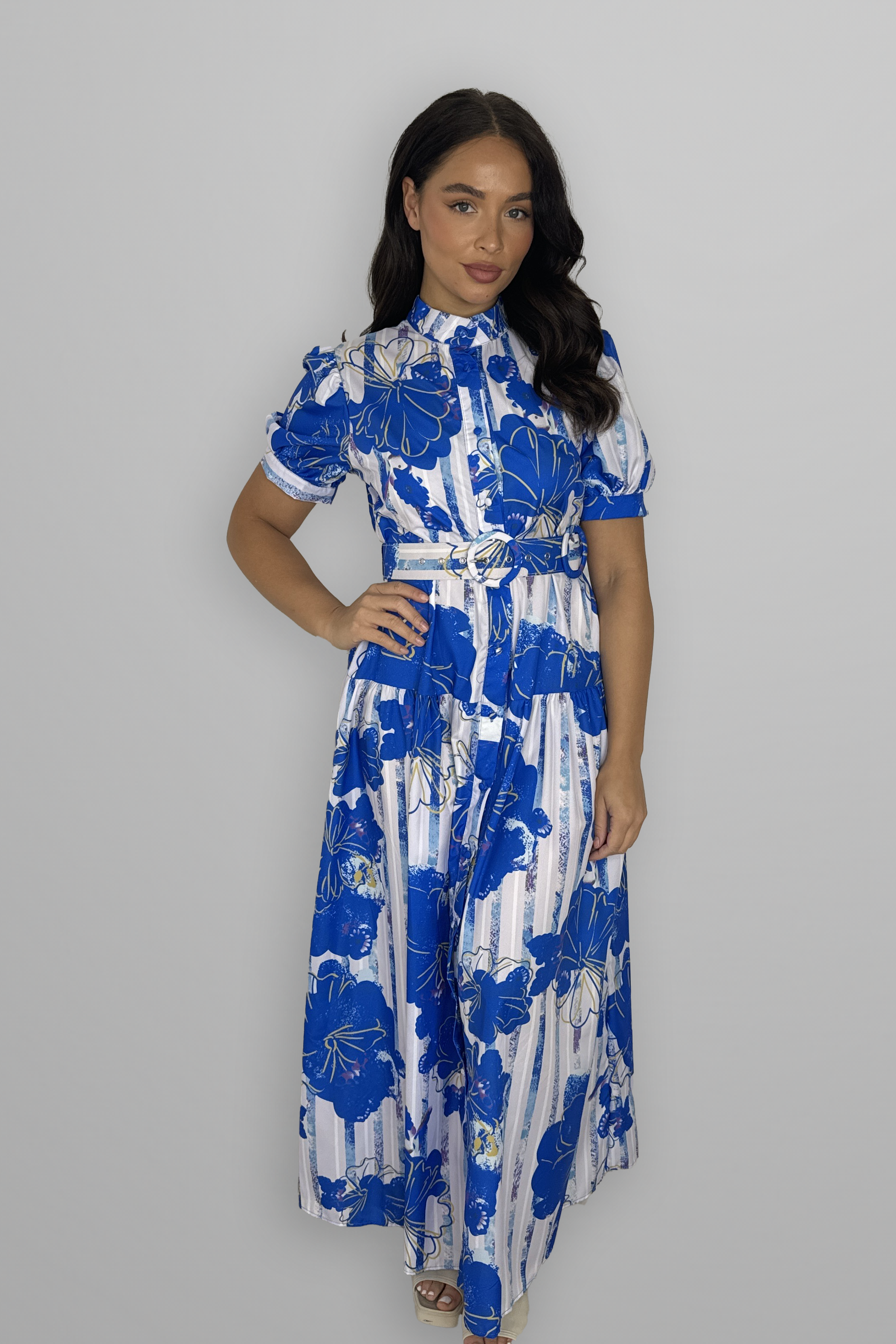 Floral Print Mock Neck Button Down Belted Maxi Dress-SinglePrice