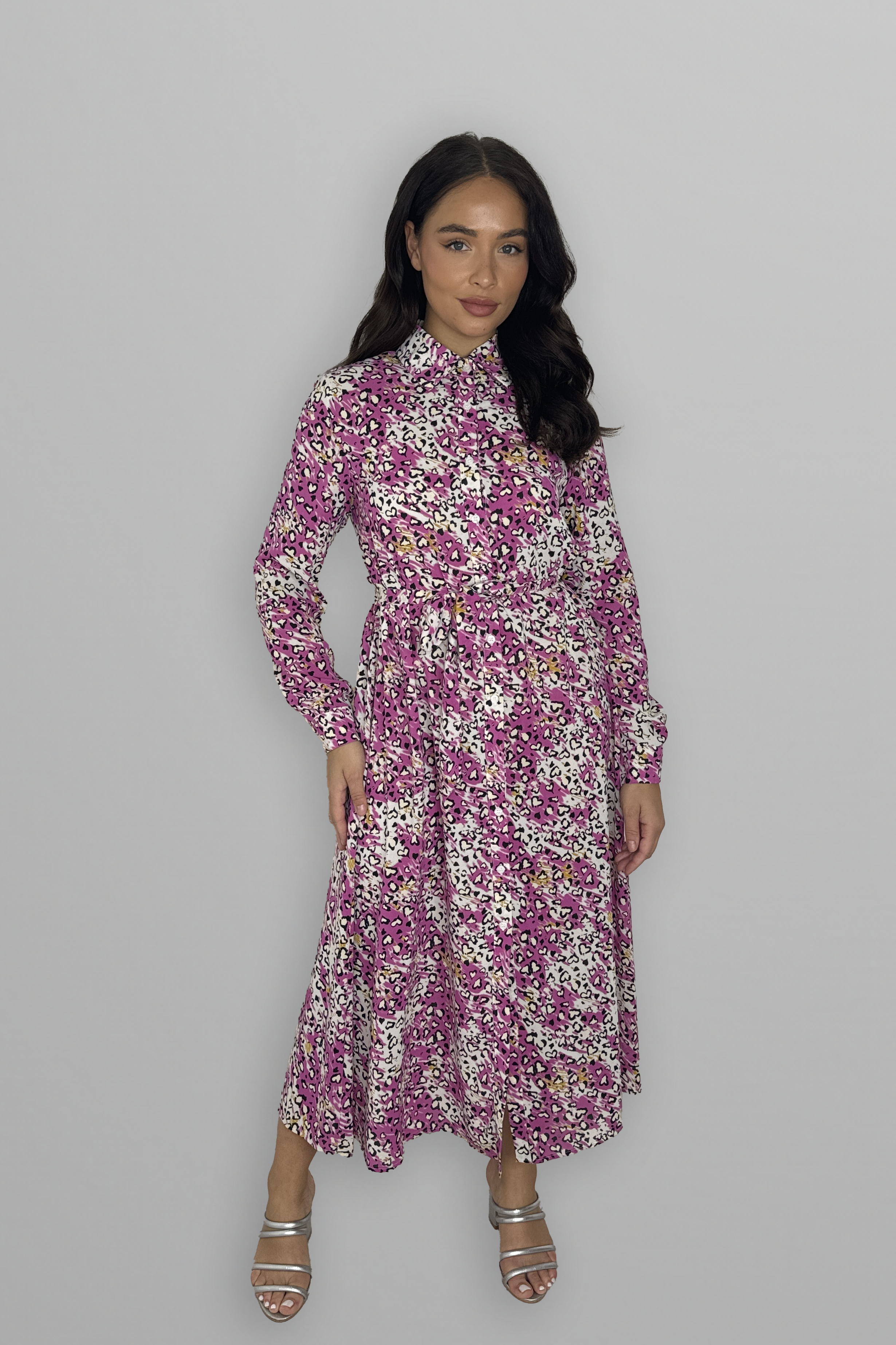 Long Sleeve Button Down Tie Up Printed Long Dress-SinglePrice