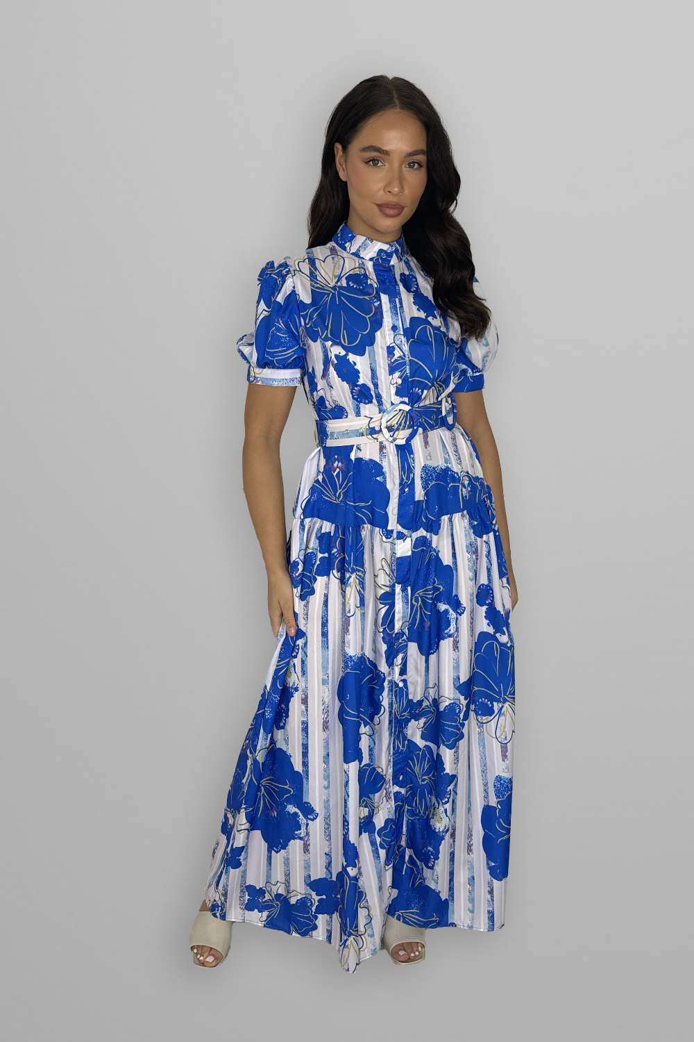 Floral Print Mock Neck Button Down Belted Maxi Dress-SinglePrice