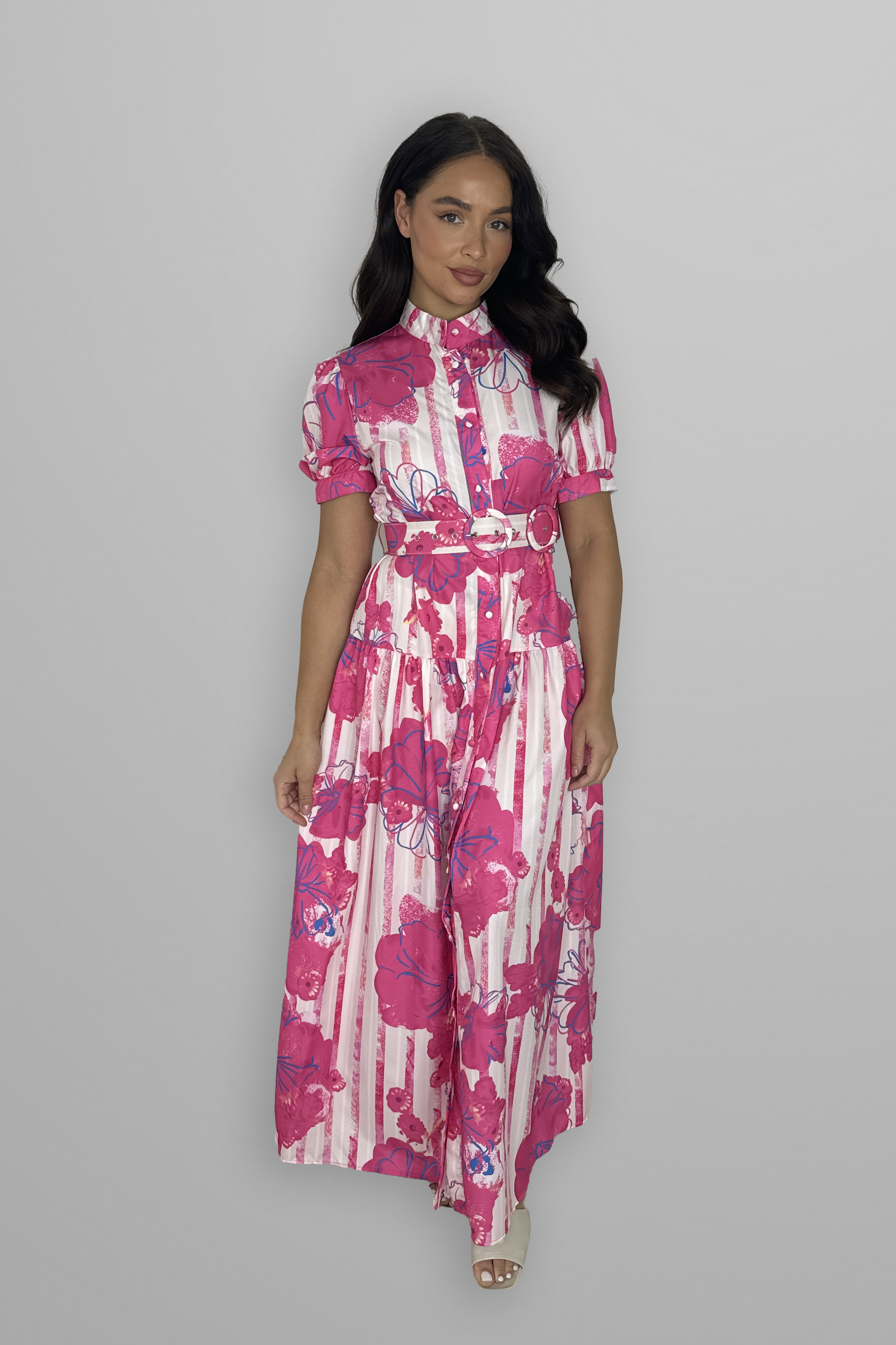 Floral Print Mock Neck Button Down Belted Maxi Dress-SinglePrice