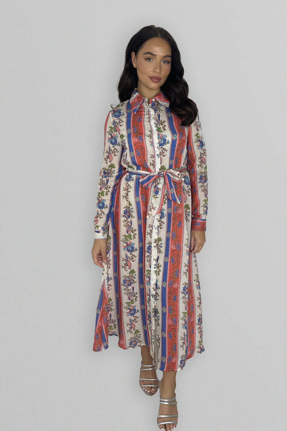 Long Sleeve Button Down Pattern Loose Fit Dress-SinglePrice
