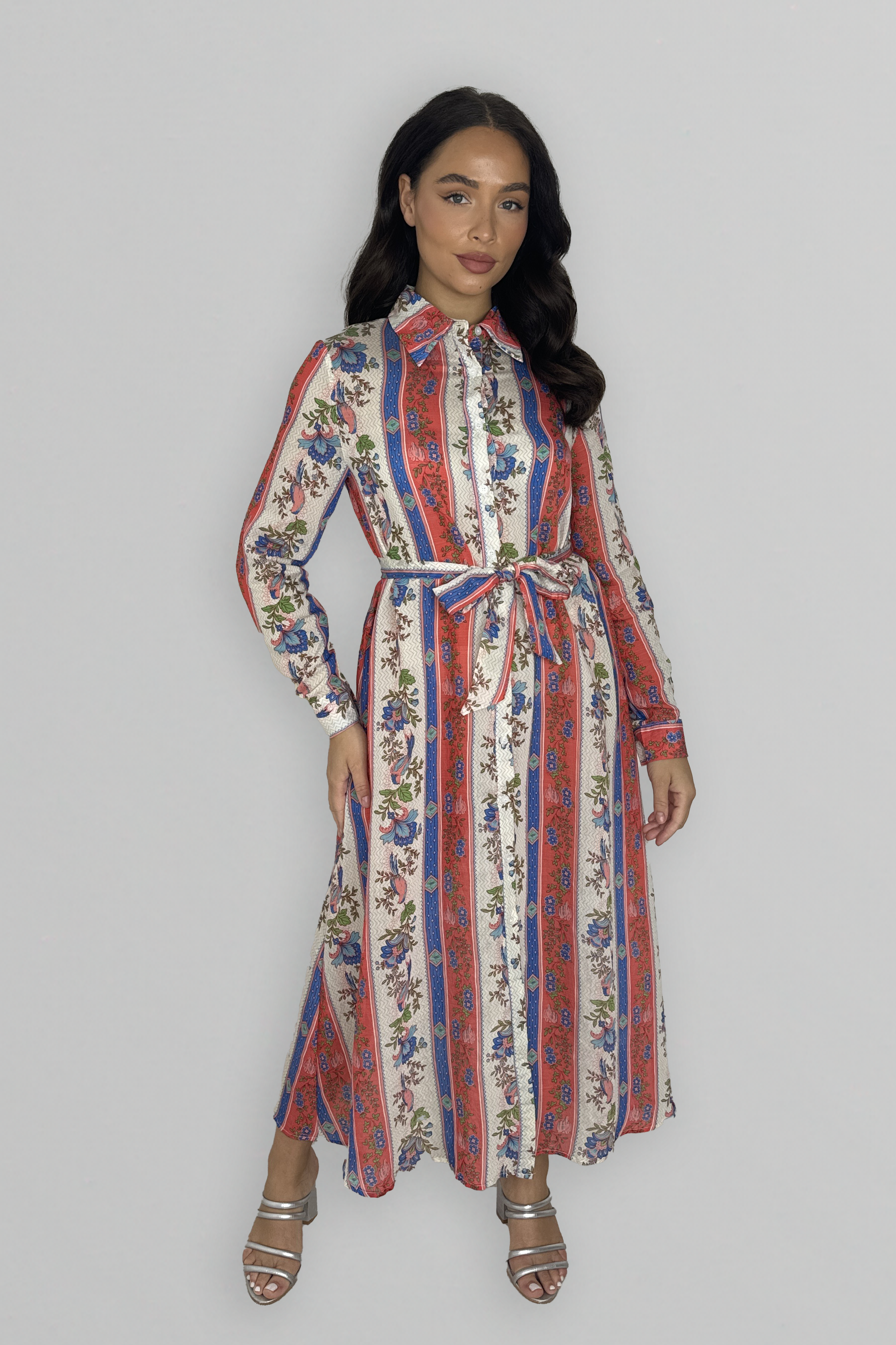 Long Sleeve Button Down Pattern Loose Fit Dress